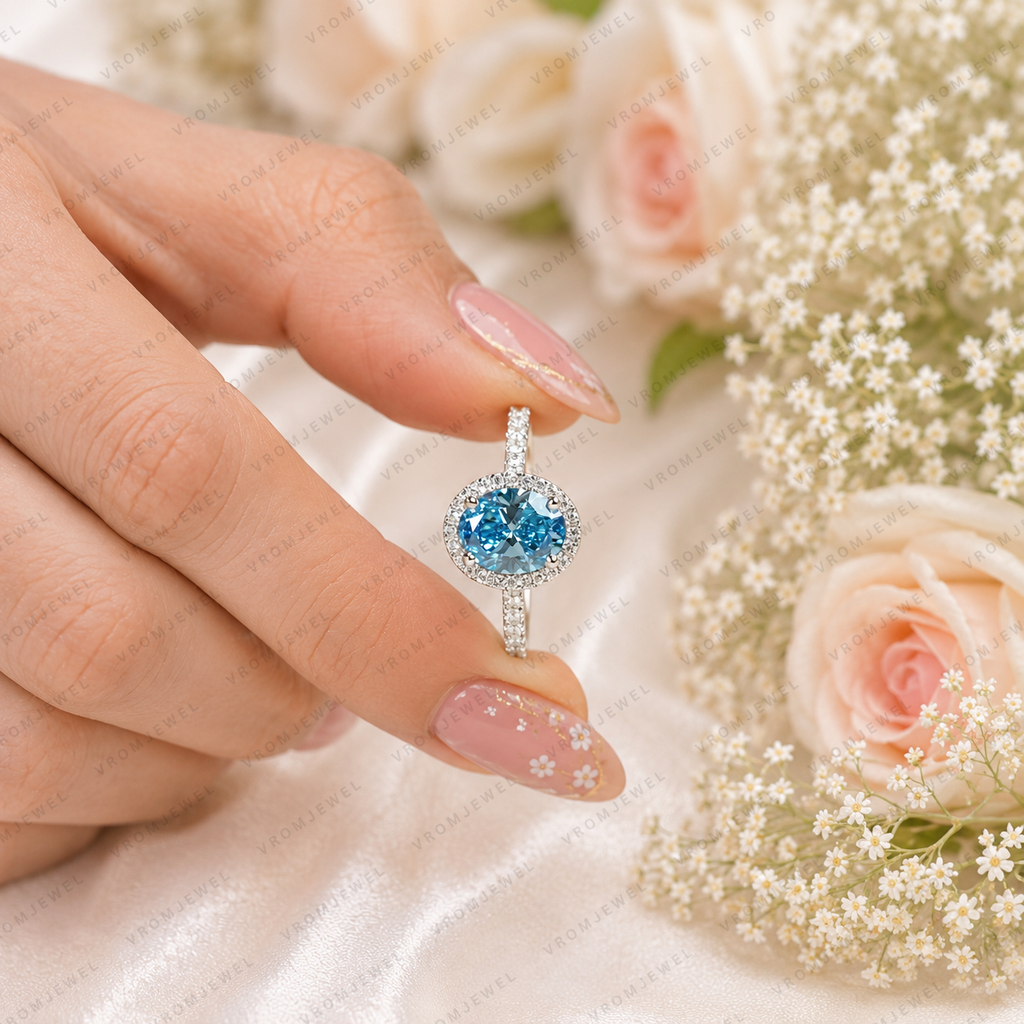 Blue Oval Lab Grown Diamond Ring, 2 Carat Blue Diamond Engagement Ring, Oval Cut Halo Ring, Pavé Diamond Halo, Classic Bridal Ring
