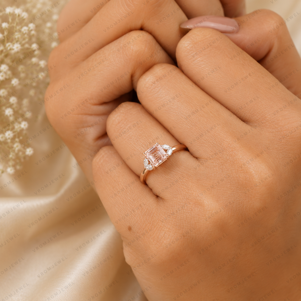 Pink Asscher Cut Lab Grown Diamond Engagement Ring, Leaf Side Stone Ring, Vintage Inspired Pink Diamond Ring, 10K 14K 18K Gold