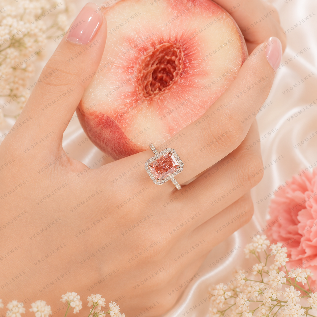 Pink Radiant Cut Lab Grown Diamond Engagement Ring, Halo Diamond Ring, Pink Diamond Ring, Pavé Band, 4 Prong Setting, 10K 14K 18K Gold
