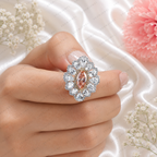 Pink Marquise Lab Grown Diamond Engagement Ring, Floral Halo Ring, Pear Shape Diamond Accents, Pink Diamond Ring, 10K 14K 18K Gold