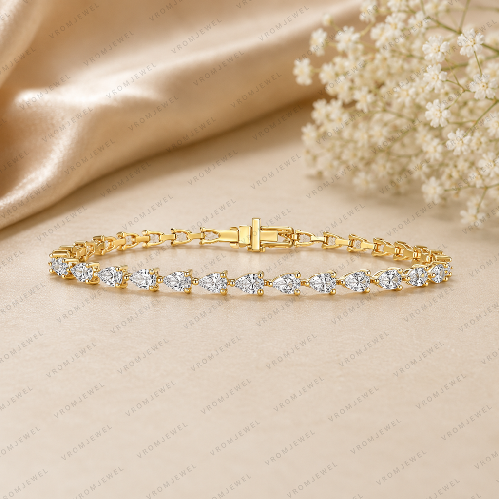 5.60ct Pear Cut Lab Grown Diamond Tennis Bracelet: 14k Gold Bridal Jewelry