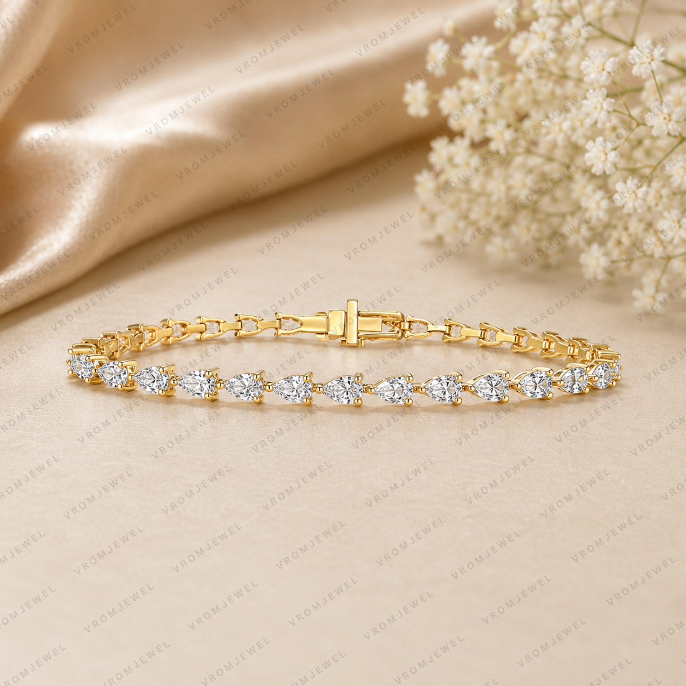 5.60ct Pear Cut Lab Grown Diamond Tennis Bracelet: 14k Gold Bridal Jewelry