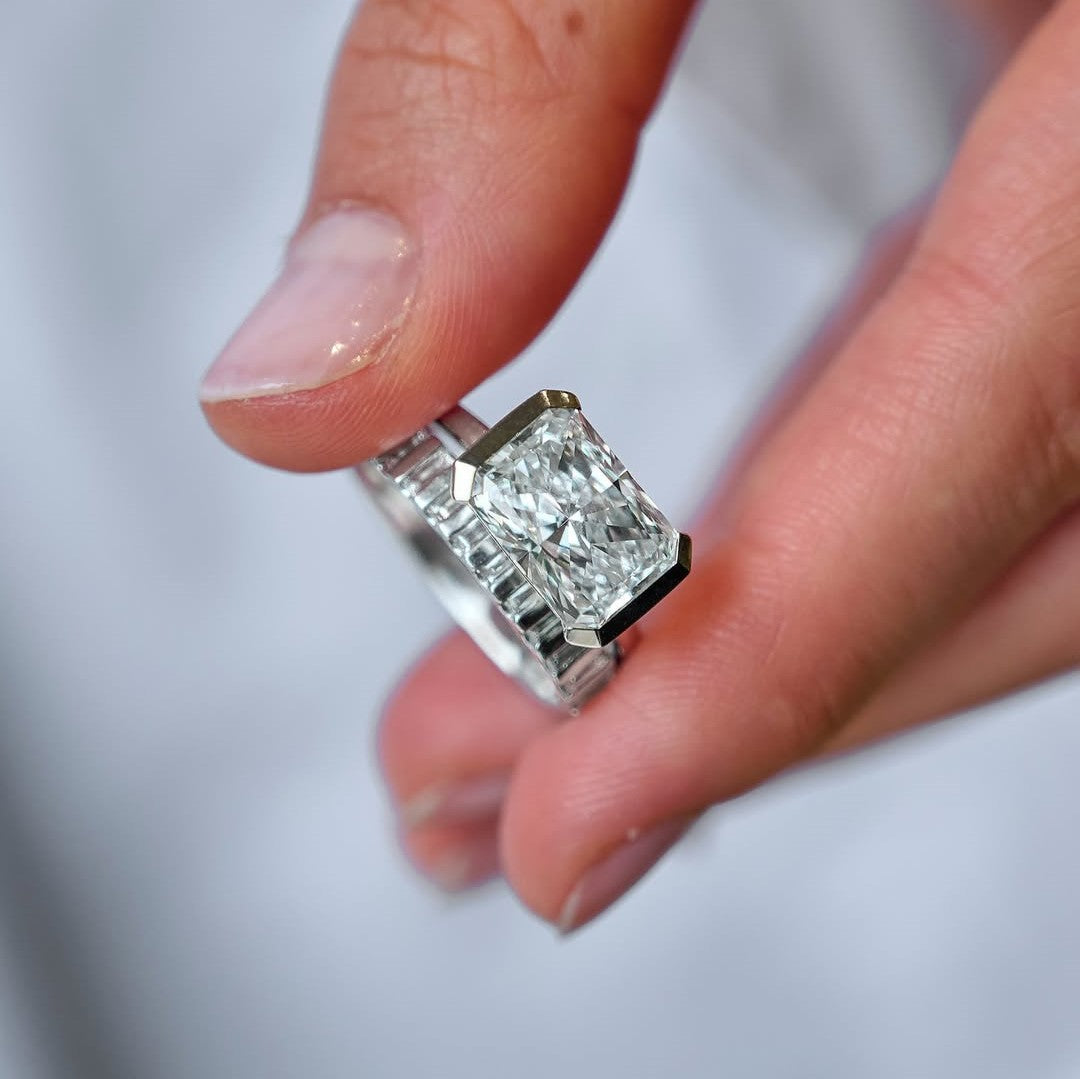 Modern East West Radiant Engagement Ring | Lab Grown Diamond | 14K Yellow Gold Half Bezel