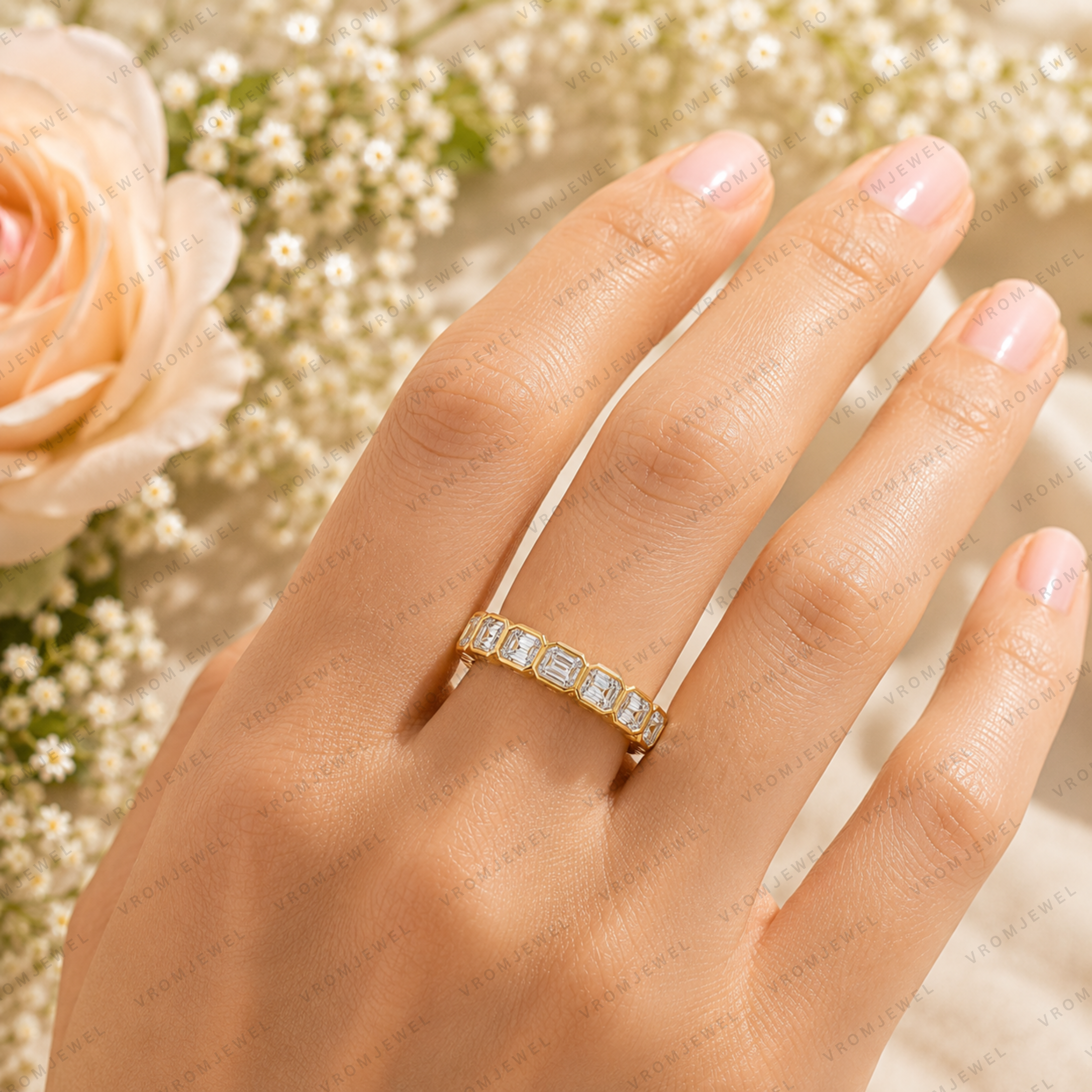 Emerald Cut Lab Grown Diamond Wedding Band: East-West Bezel Set