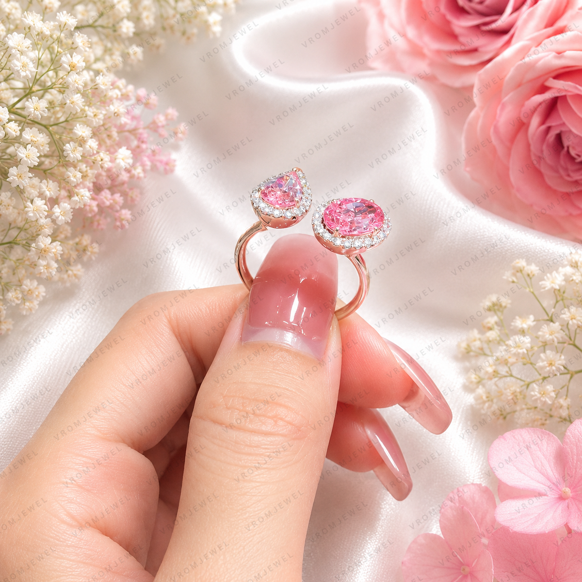 Pink Pear & Oval Lab Grown Diamond Ring, 3 Carat Pink Diamond Ring, Open Bypass Ring, Two Stone Engagement Ring, Halo Diamond Ring, 10K 14K