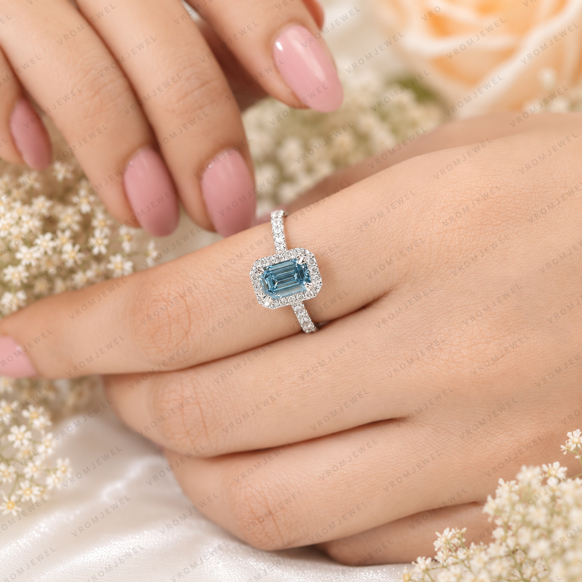 Blue Emerald Cut Lab Grown Diamond Ring, 1.50 Carat Blue Diamond Engagement Ring, Emerald Cut Halo Ring, Round Diamond Accents, Pavé Band