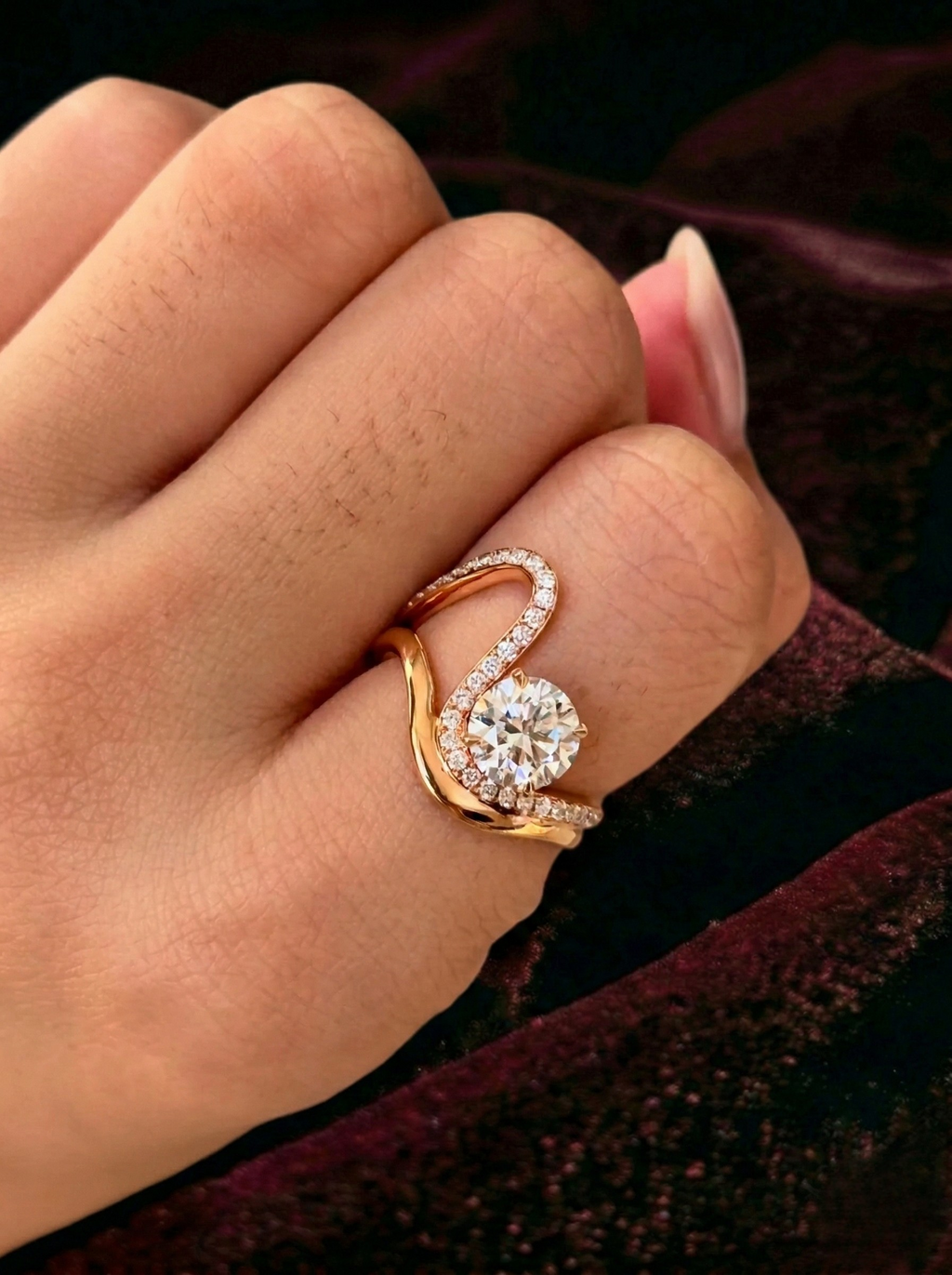 Round Lab Grown Diamond Engagement Ring, Twisted Pavé Diamond Ring, 14K Gold Infinity Style Ring, Unique Halo Diamond Ring