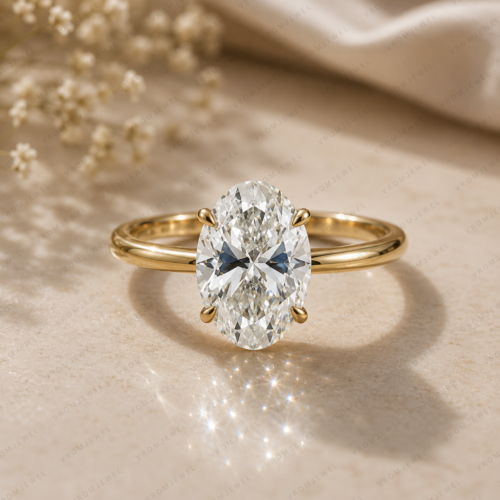 Oval Lab Grown Diamond Solitaire Ring in Handmade Solid 14K Gold