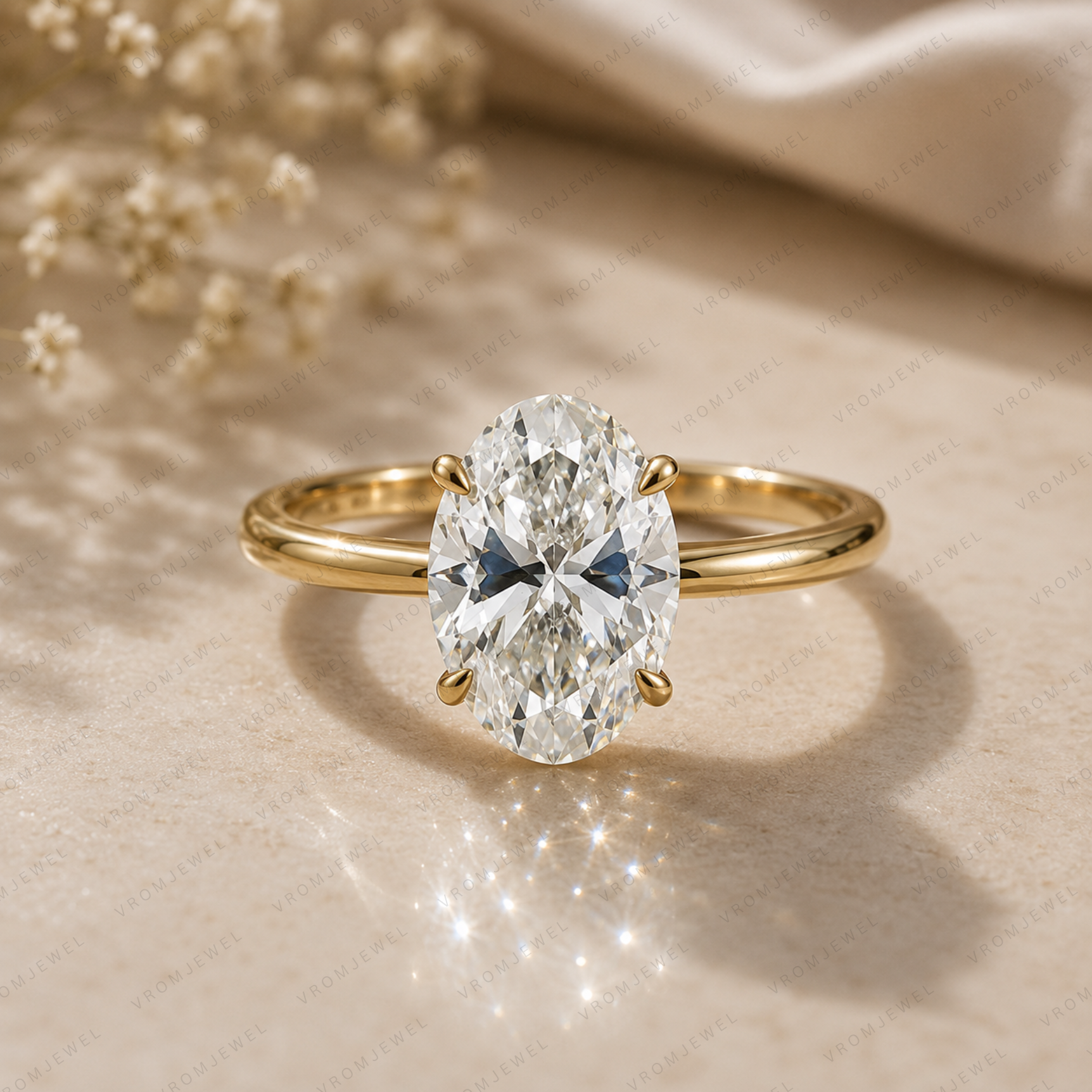Oval Lab Grown Diamond Solitaire Ring in Handmade Solid 14K Gold