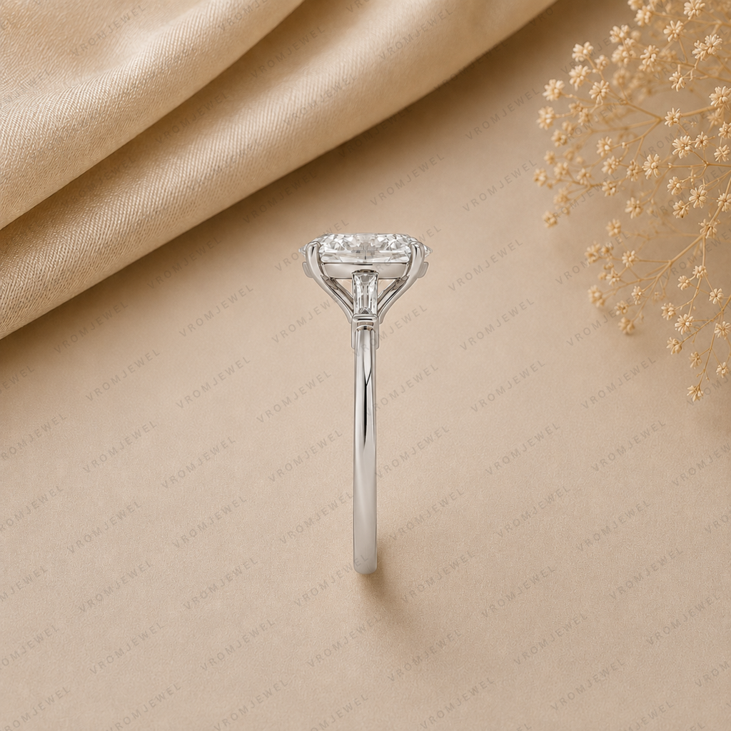 Oval Engagement Ring | Lab Grown Diamond | Tapered Baguette Side Stones | 14K Yellow Gold