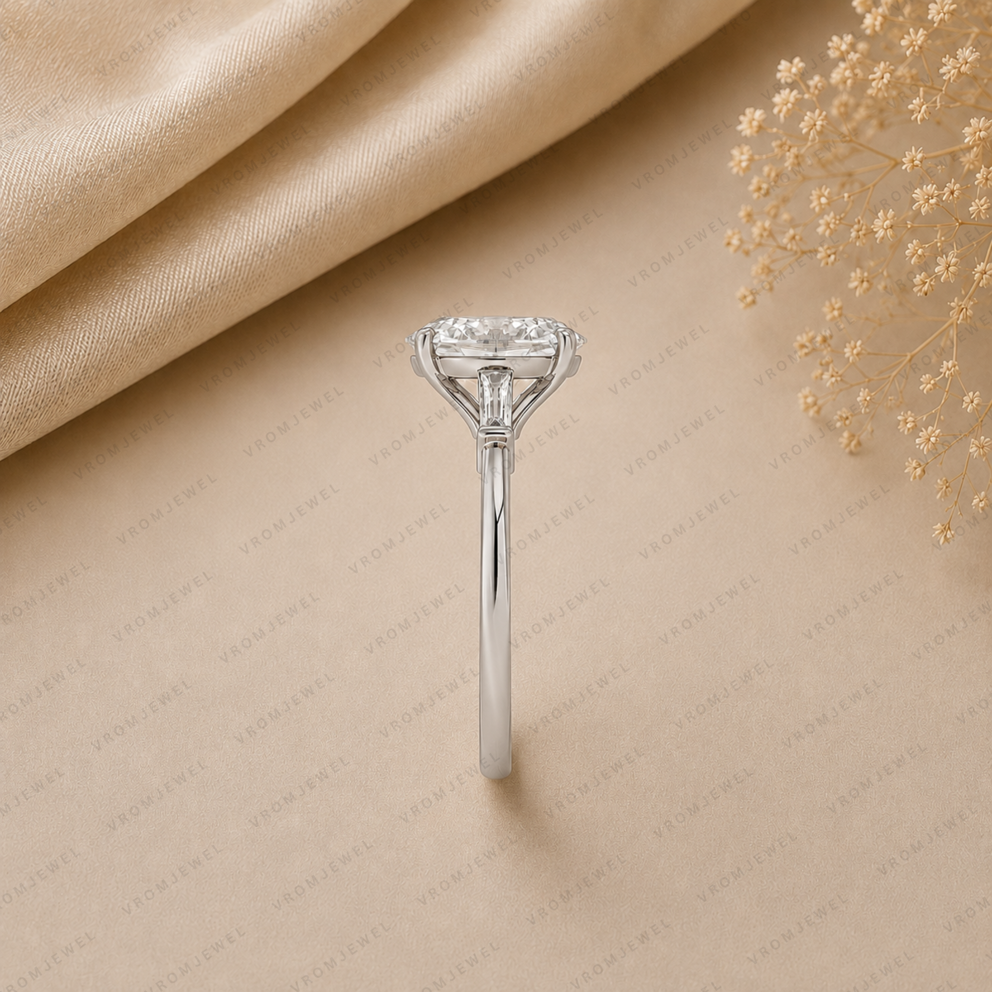 Oval Engagement Ring | Lab Grown Diamond | Tapered Baguette Side Stones | 14K Yellow Gold