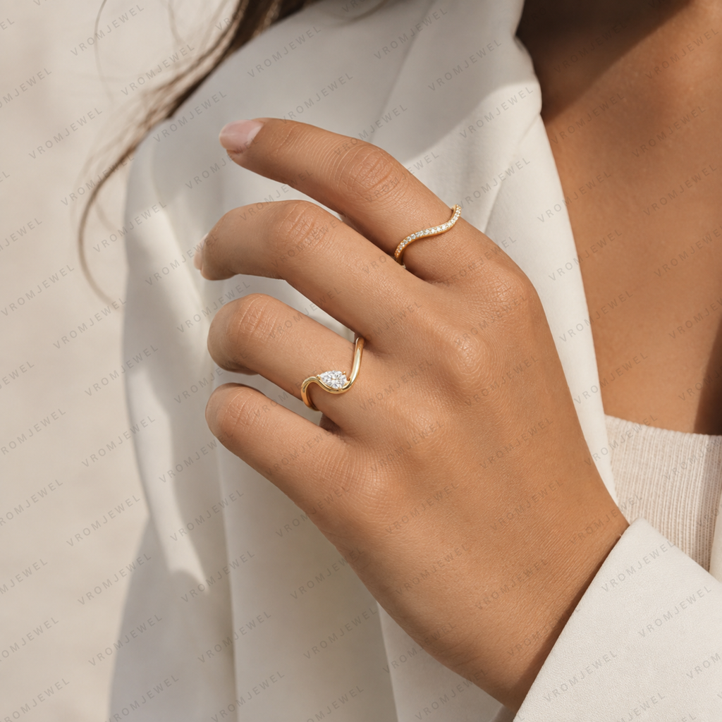 Pear Diamond Wave Engagement Ring | Lab Grown | 14K Gold Solitaire