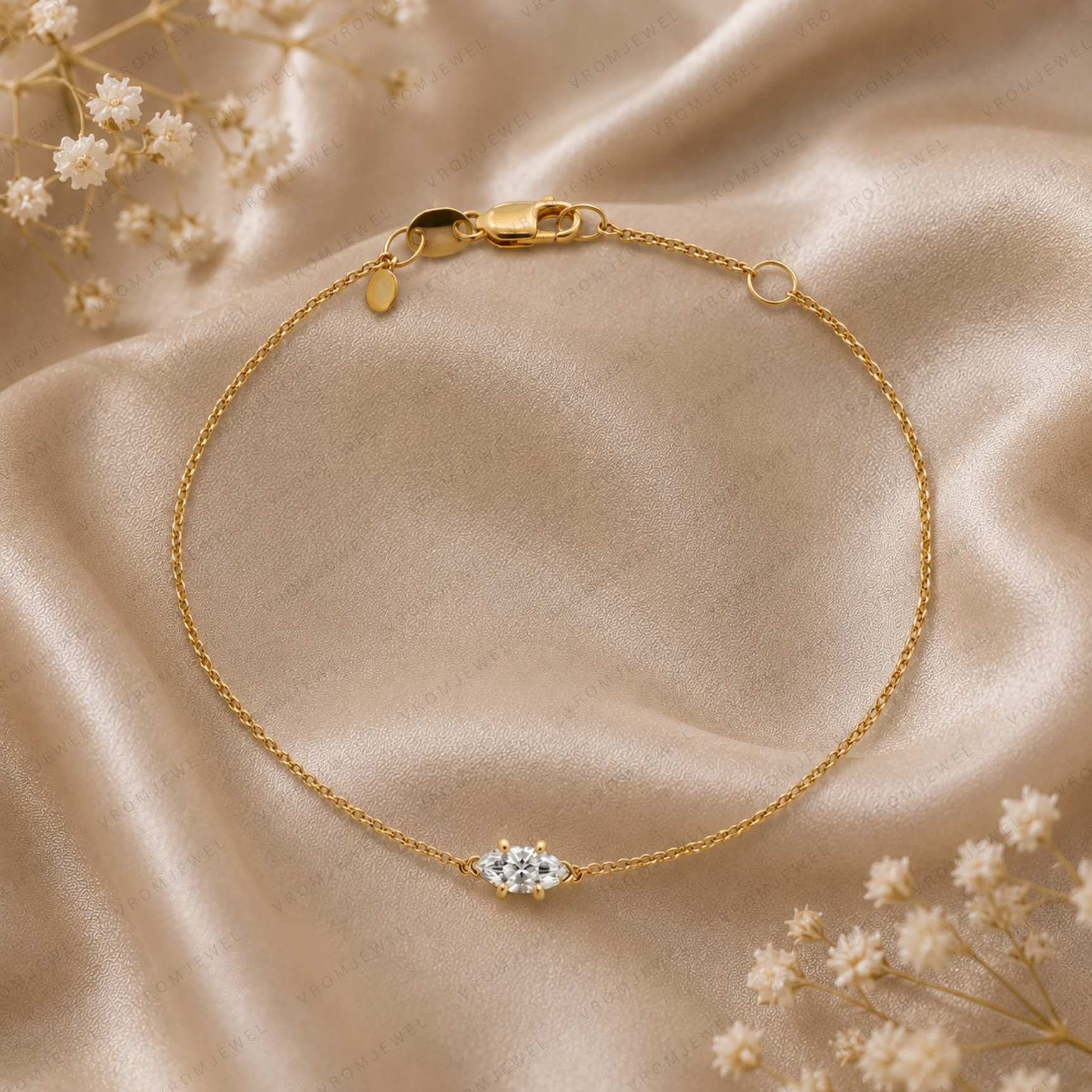 Handmade Marquise Cut Lab Grown Diamond Solitaire Bracelet in 14K Gold