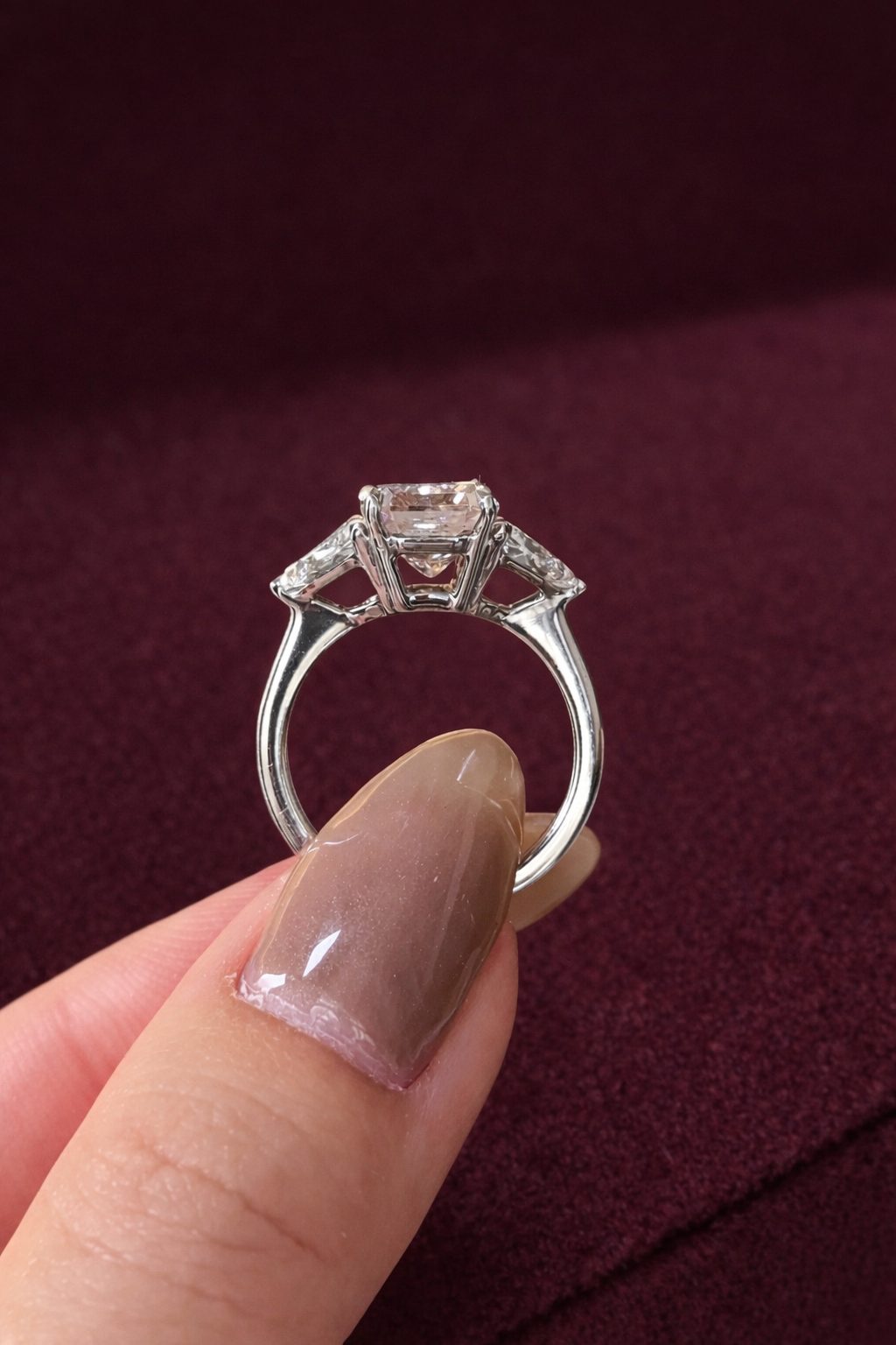 Pink Radiant Diamond Engagement Ring, Three Stone Diamond Ring with Trillion Side Stones, Unique Pink Diamond Ring, Luxury Engagement Ring