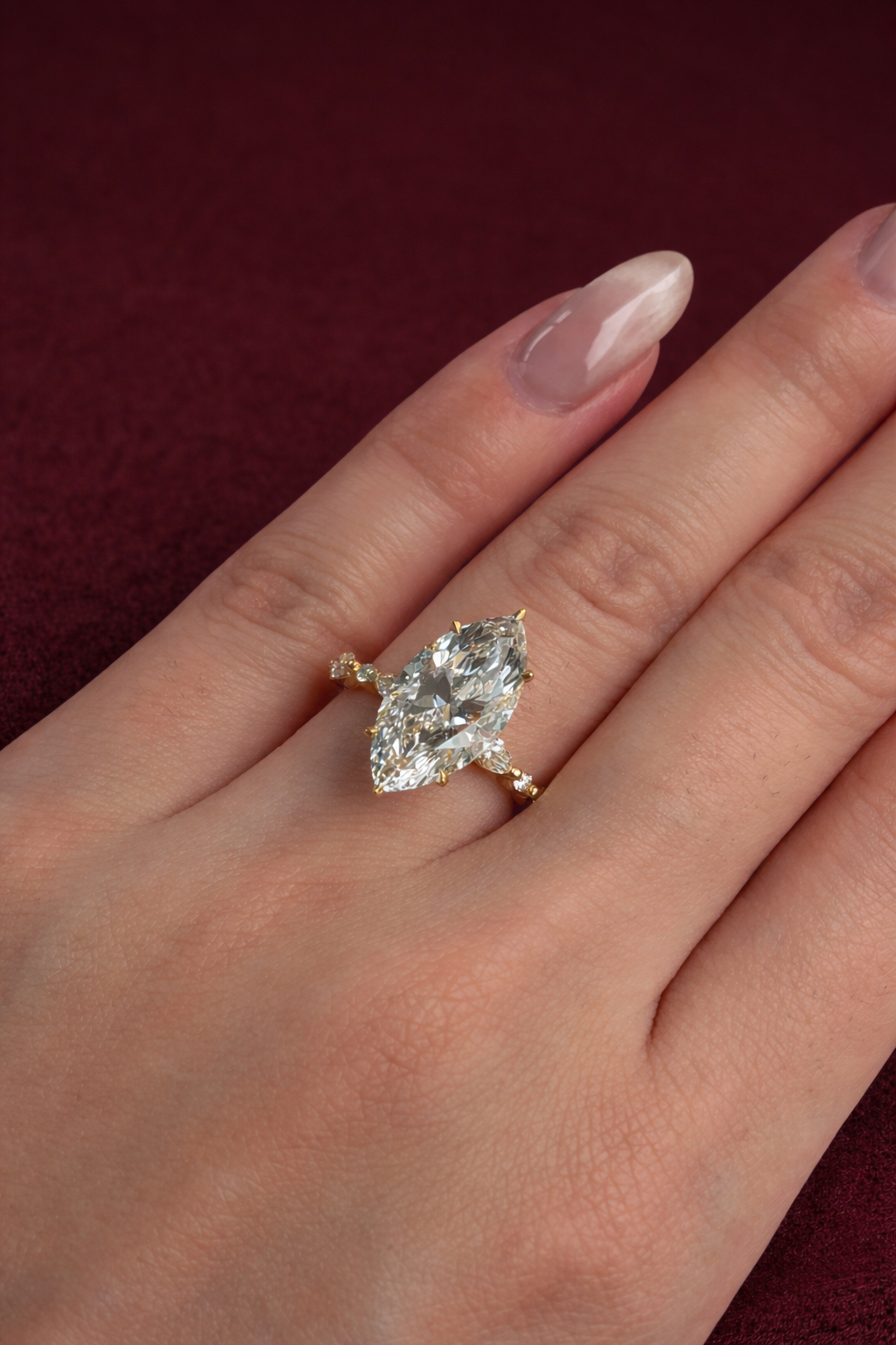Marquise Diamond Engagement Ring, Marquise Cut Diamond Ring with Marquise & Round Side Stones, Unique Marquise Solitaire Engagement Ring