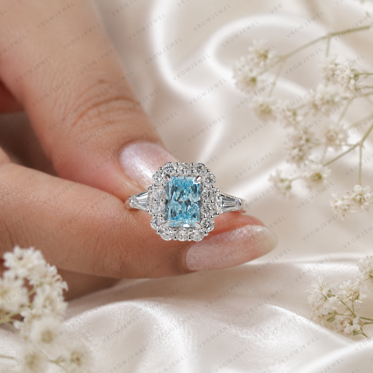 Blue Radiant Cut Lab Grown Diamond Ring, 2 Carat Blue Diamond Engagement Ring, Halo Ring, Baguette Side Stones, Statement Ring, 10K 14K 18K