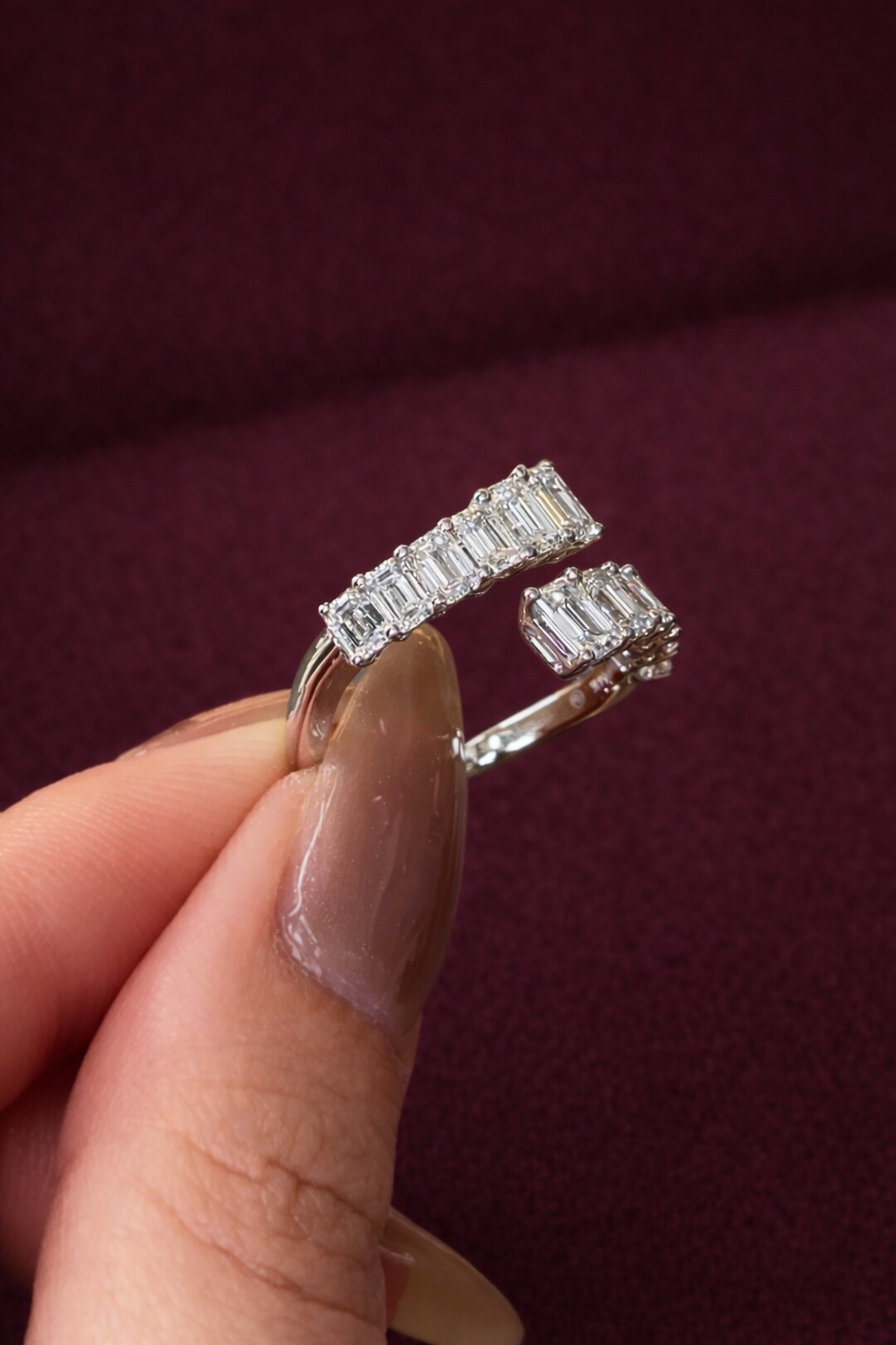 Graduated Emerald Diamond Bypass Ring, Emerald Cut Diamond Twist Ring, Modern Bypass Diamond Engagement Ring, Unique Diamond Statement Ring