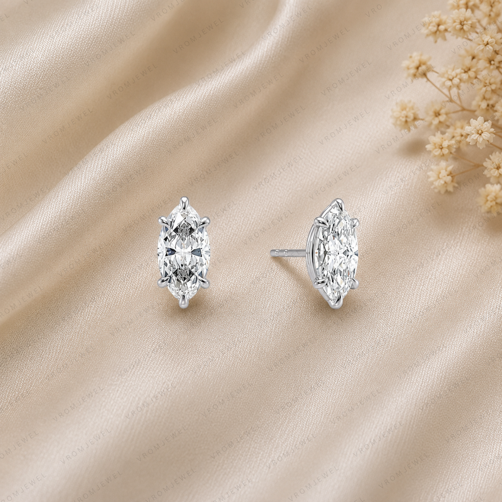 Marquise Lab Grown Diamond Stud Earrings in Solid 14K Gold for Women