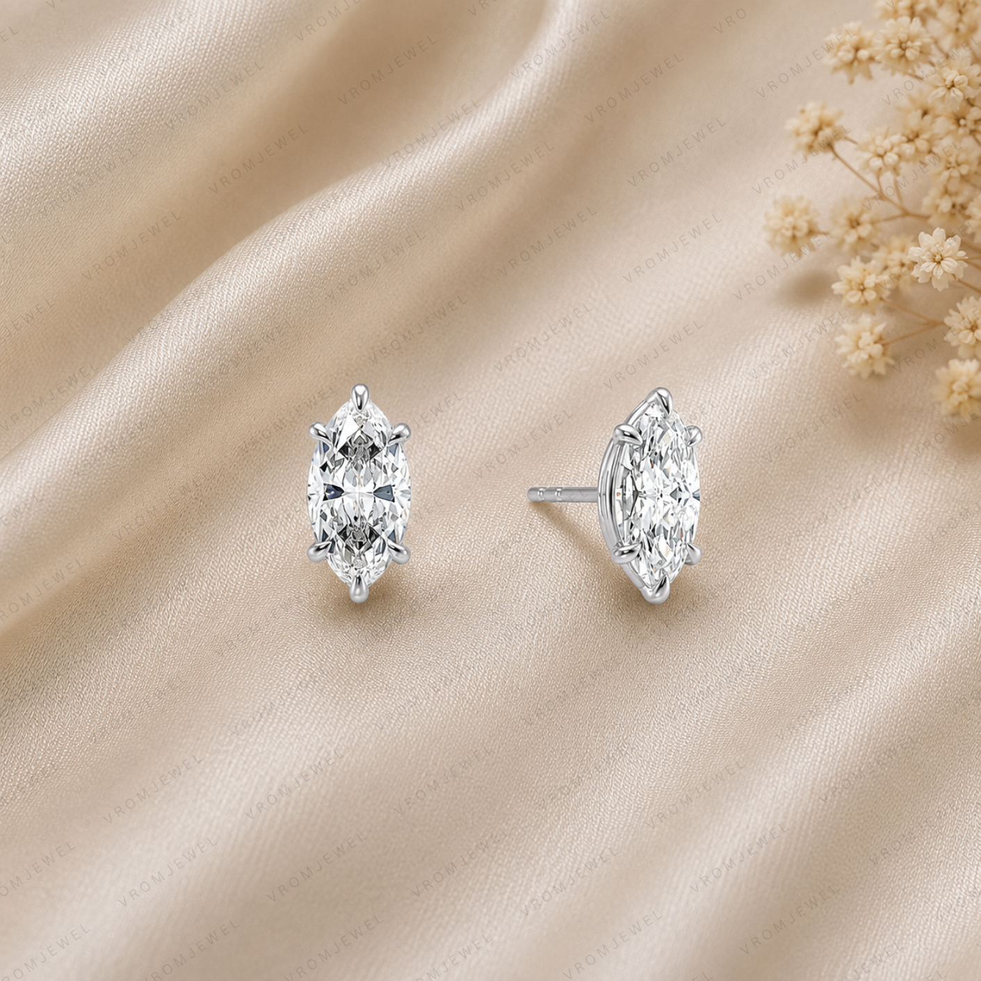 Marquise Lab Grown Diamond Stud Earrings in Solid 14K Gold for Women