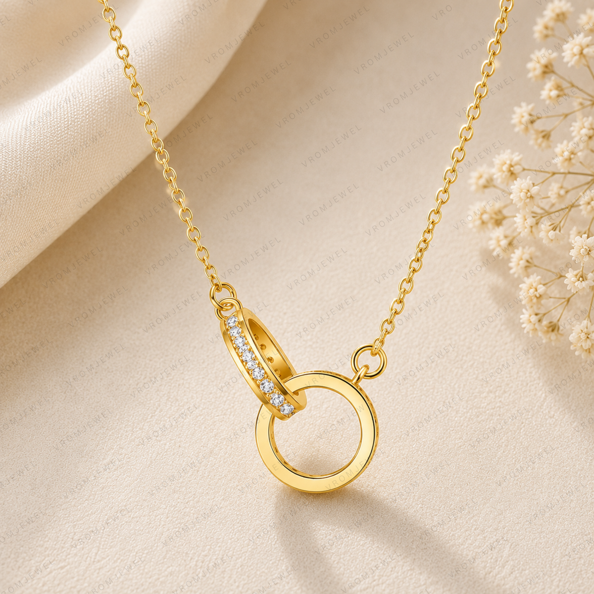 Interlocking Ring Lab Grown Diamond Necklace, Double Circle Necklace, Infinity Circle Pendant, Solid Gold Necklace, Minimalist Necklace