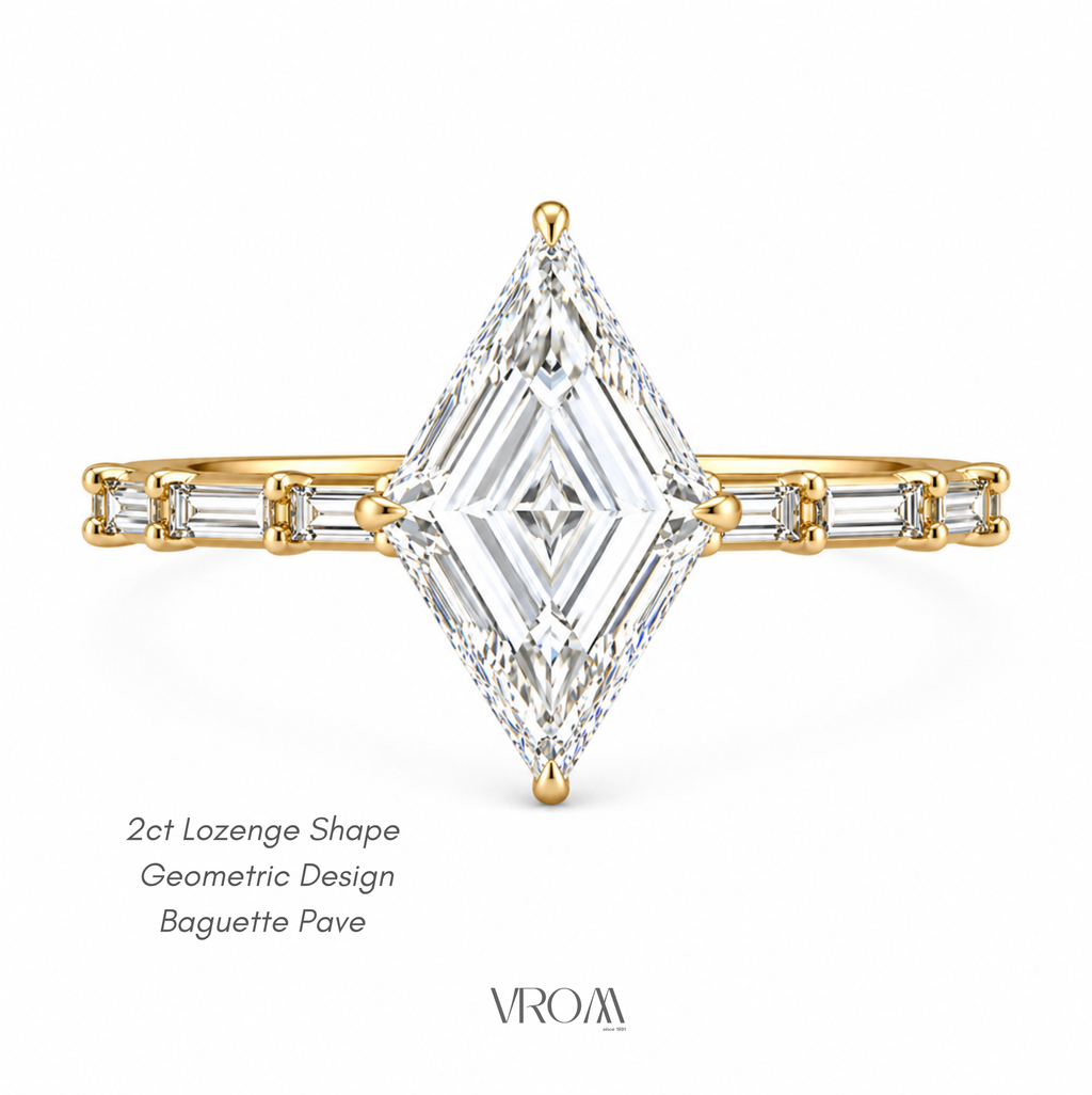 Lozenge Shape Lab Grown Diamond Ring | 2 CT | Baguette Pave Band | Geometric Modern Engagement Ring | 14K Gold