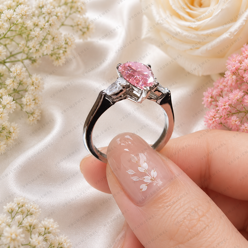 Pink Pear Shape Lab Grown Diamond Engagement Ring, Vintage Inspired Diamond Ring, Side Stone Ring, IGI Certified, 10K 14K 18K Gold
