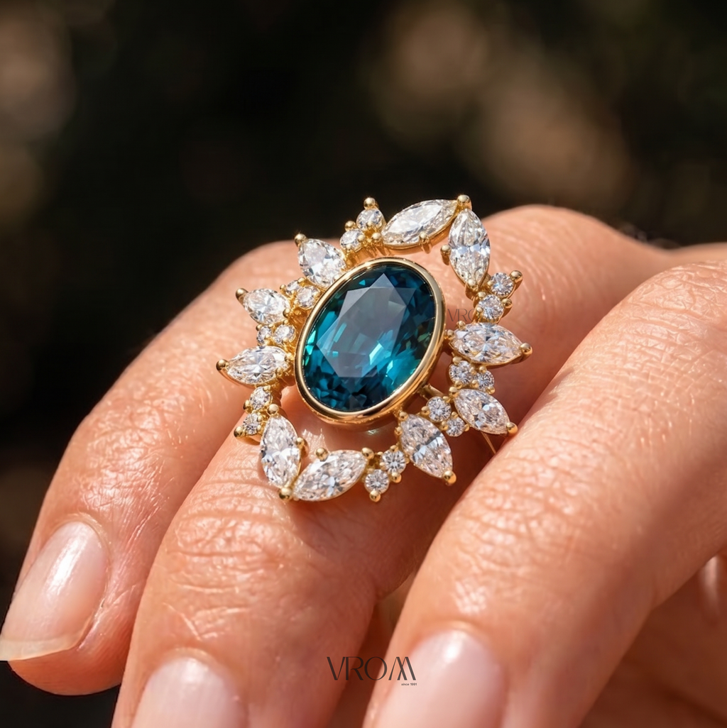 London Blue Topaz Nature Inspired Ring | 3.5 CT Oval Gemstone | Marquise & Round Diamond Halo | Vintage Floral Ring | 14K Gold