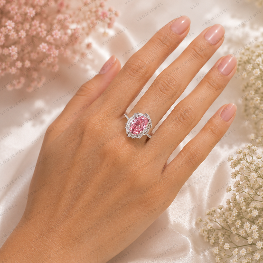 Pink Oval Lab Grown Diamond Engagement Ring, 2.50 Carat Pink Diamond Ring, Floral Halo Ring, Diamond Accent Band, Statement Ring, 10K 14K