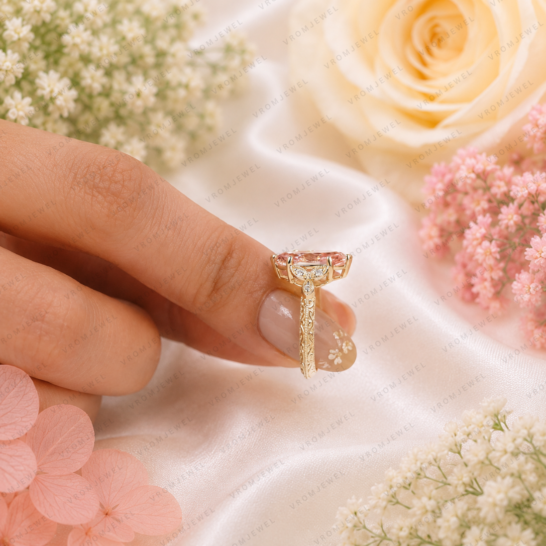 Pink Marquise Lab Grown Diamond Engagement Ring, Vintage Floral Halo Ring, Pavé Diamond Ring, 10K 14K 18K Gold