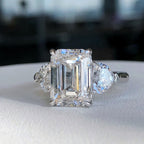 Emerald Cut Three Stone Ring Heart Shape Side Stones | Lab Grown Diamond | 14K Yellow Gold