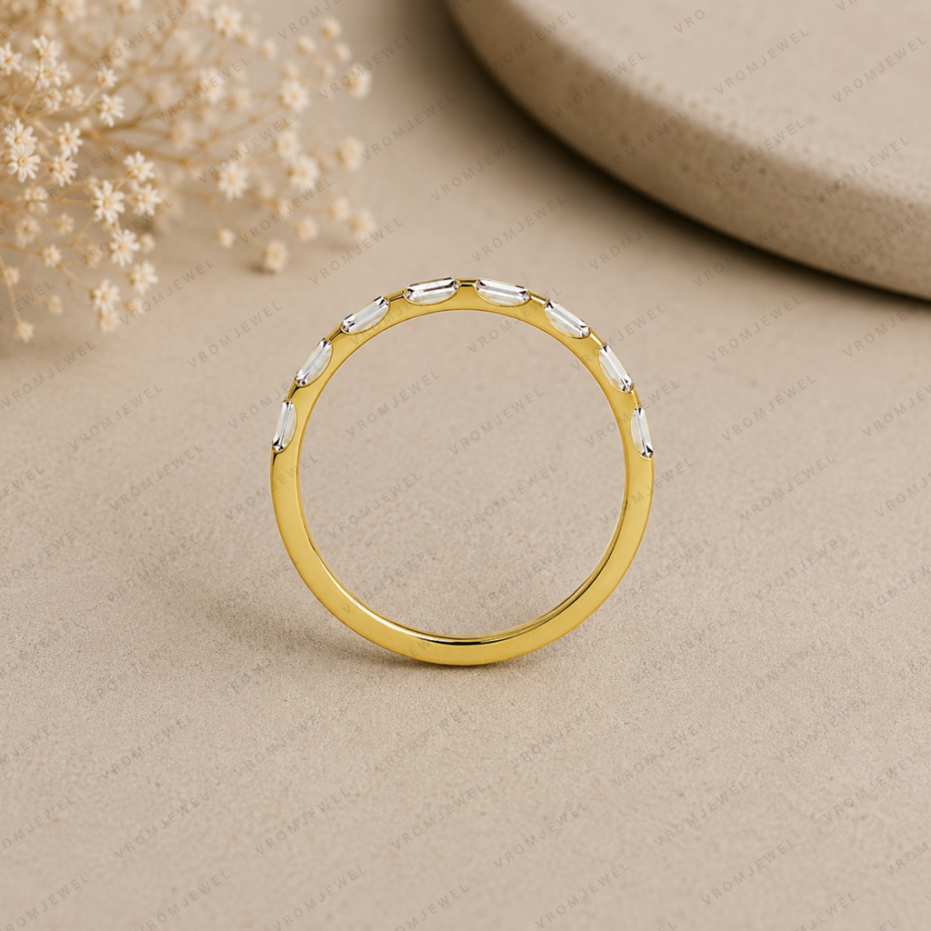 Baguette Lab Grown Diamond Wedding Band: Minimalist Half Eternity Stacking Ring