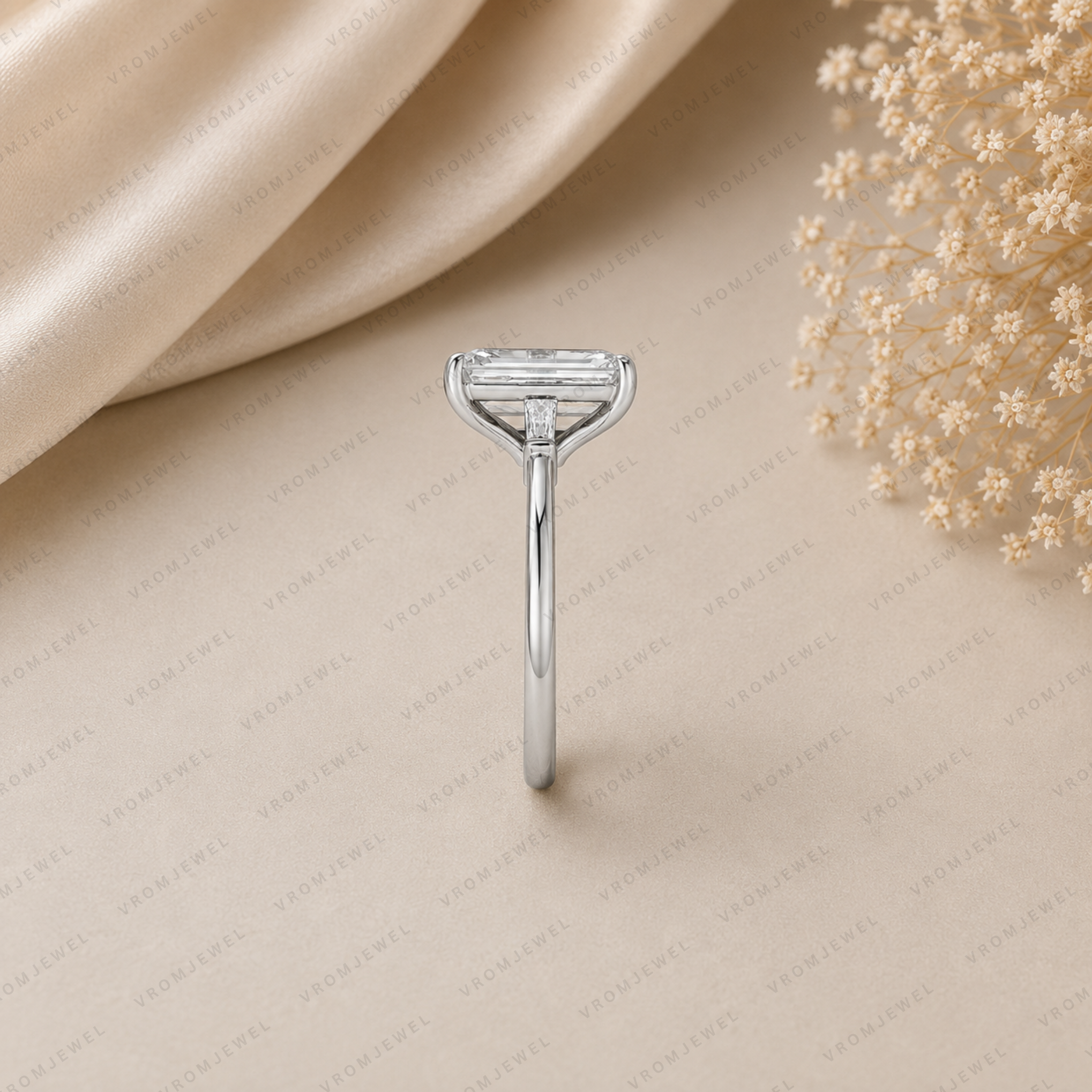 Emerald Cut Lab Grown Diamond Engagement Ring with Tapered Baguette Accents