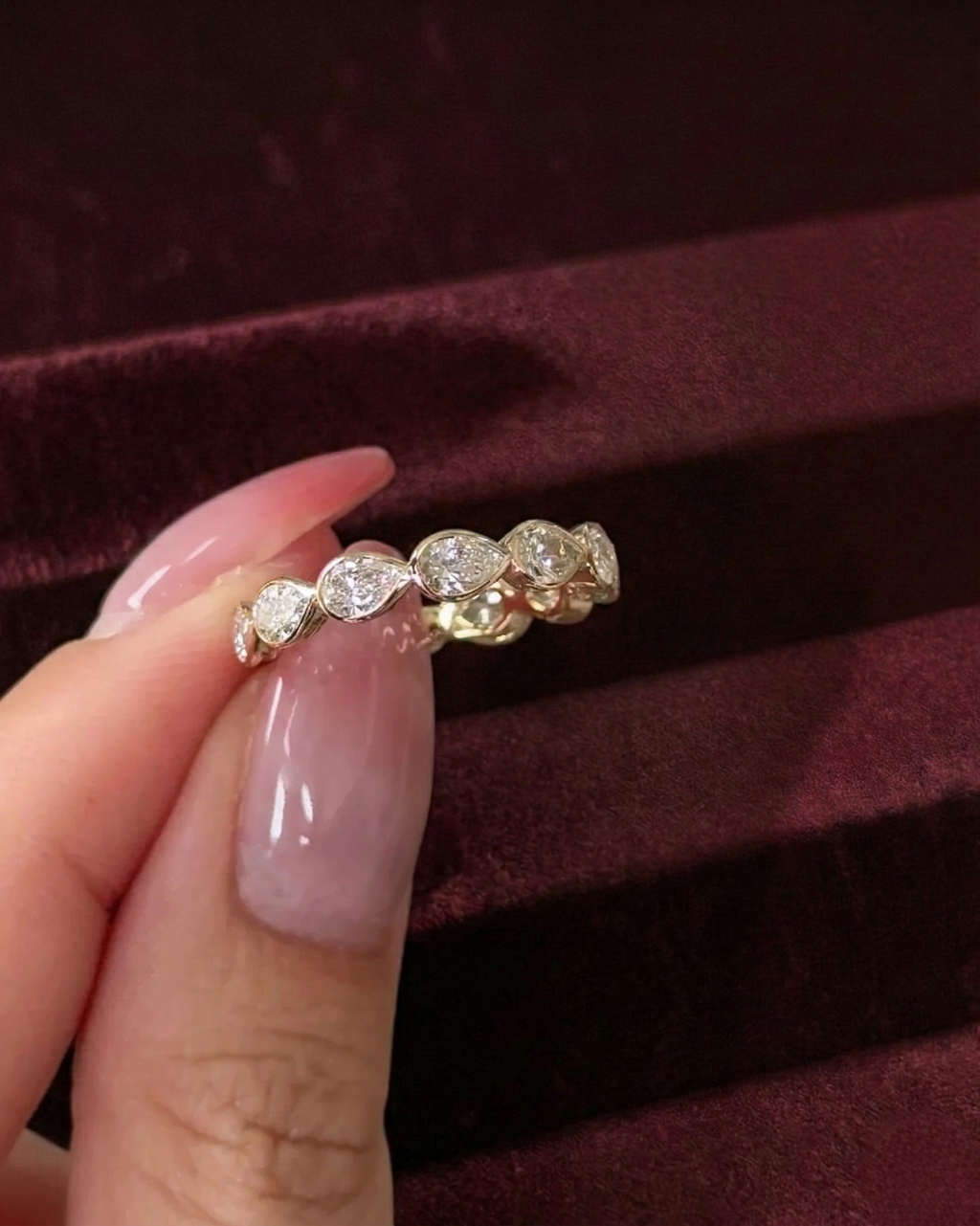 Pear Diamond Half Eternity Band, Bezel Set Pear Diamond Wedding Band, Pear Shape Diamond Anniversary Ring, Stackable Pear Diamond Ring.