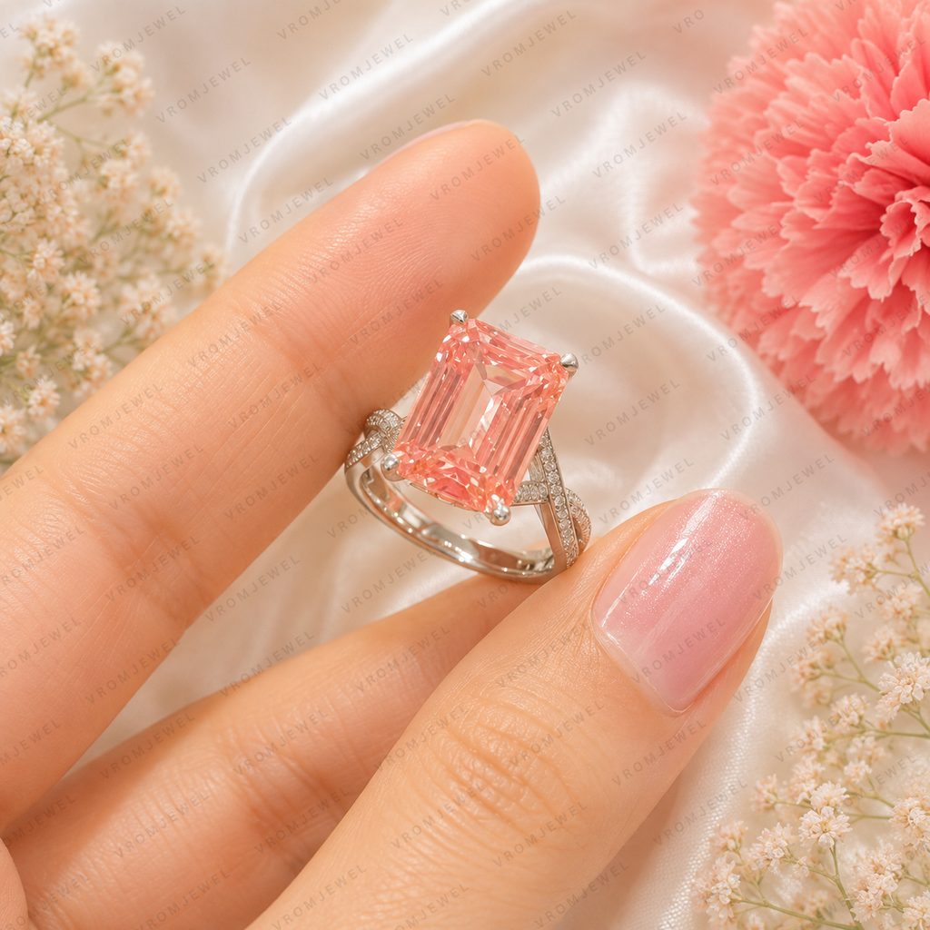 Pink Emerald Cut Lab Grown Diamond Engagement Ring, Halo Diamond Ring, Pink Diamond Ring, Pavé Band, 4 Prong Setting, 10K 14K 18K Gold