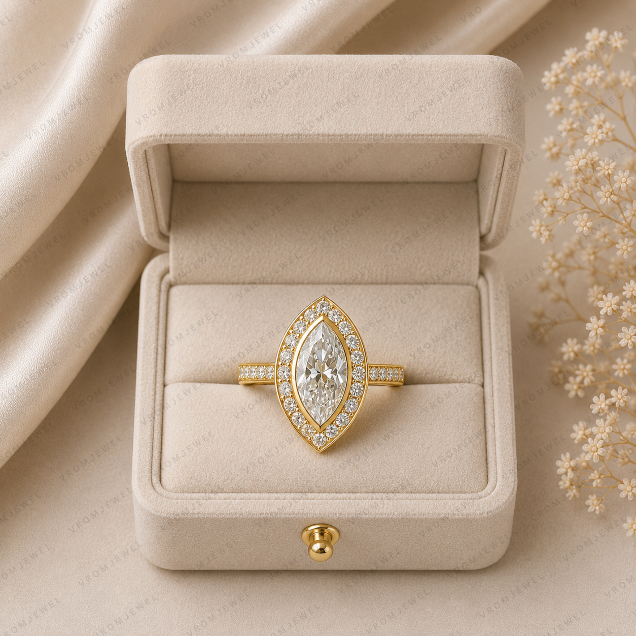 Elegant Marquise Lab Grown Diamond Bezel Set Halo Engagement Ring