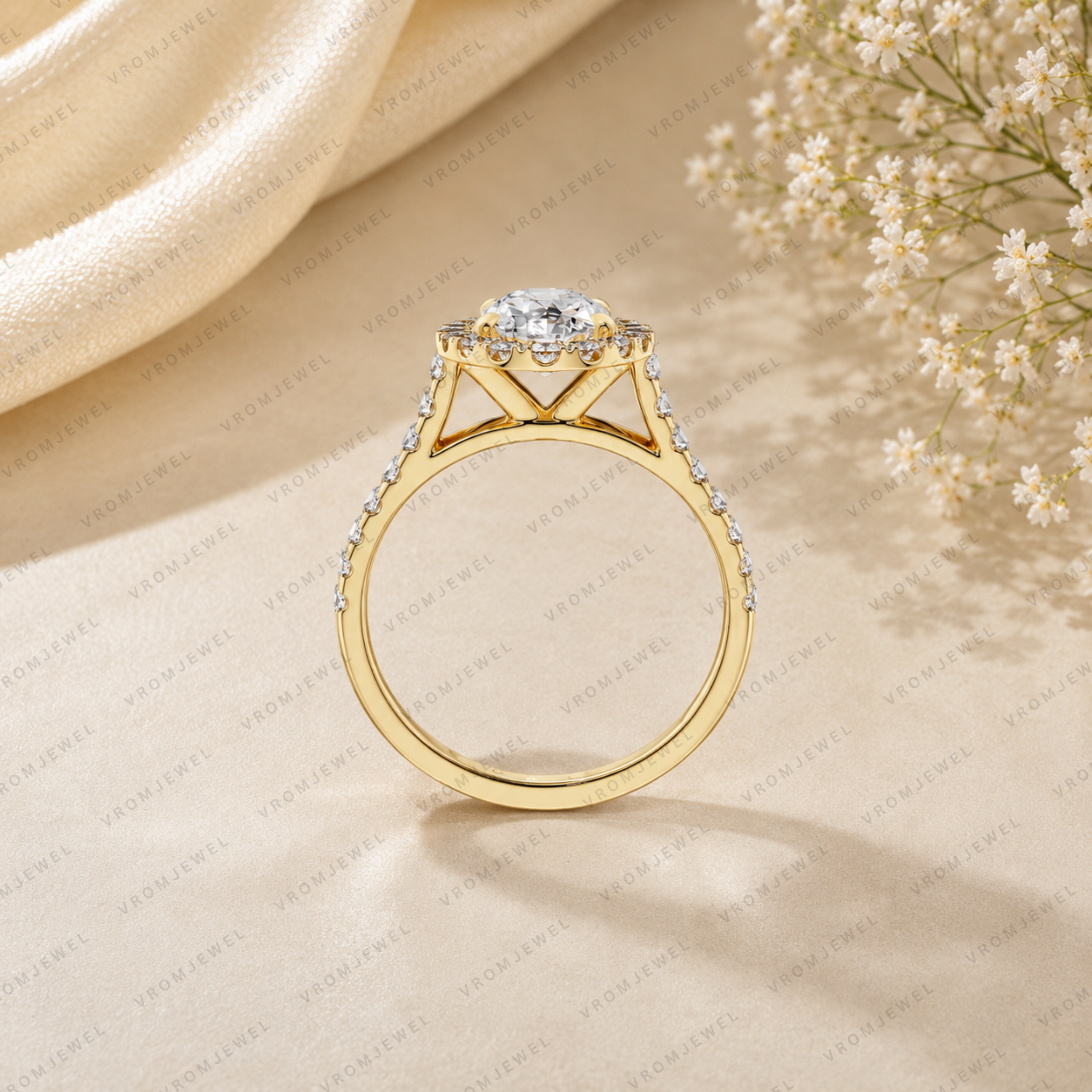 Oval Shape Lab Grown Diamond Halo Engagement Ring with Side Stones in Solid 14K Gold
