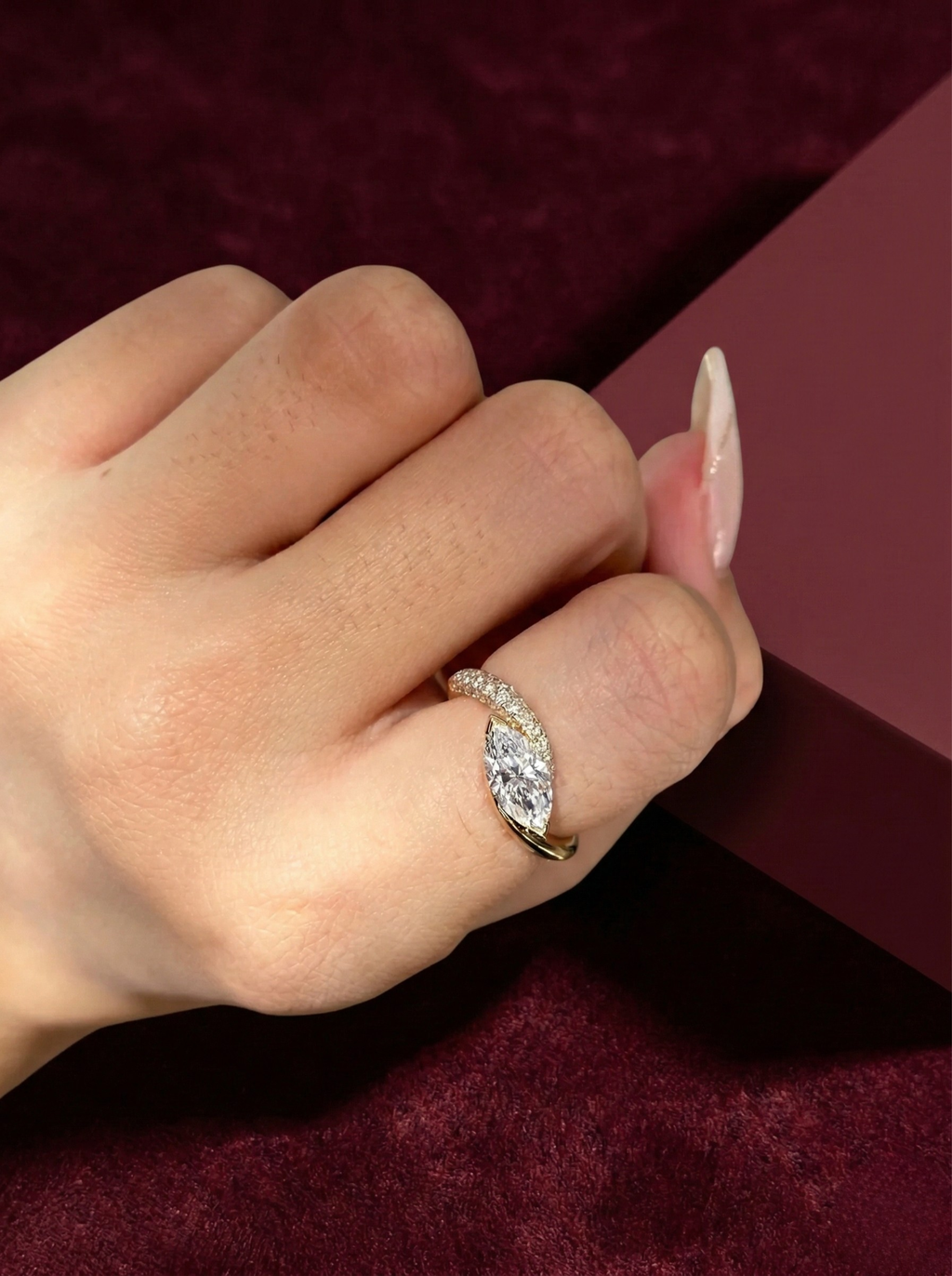 Marquise Lab Grown Diamond Engagement Ring, Modern Bypass Diamond Ring, 14K Yellow Gold Marquise Ring, Unique Diamond Engagement Ring