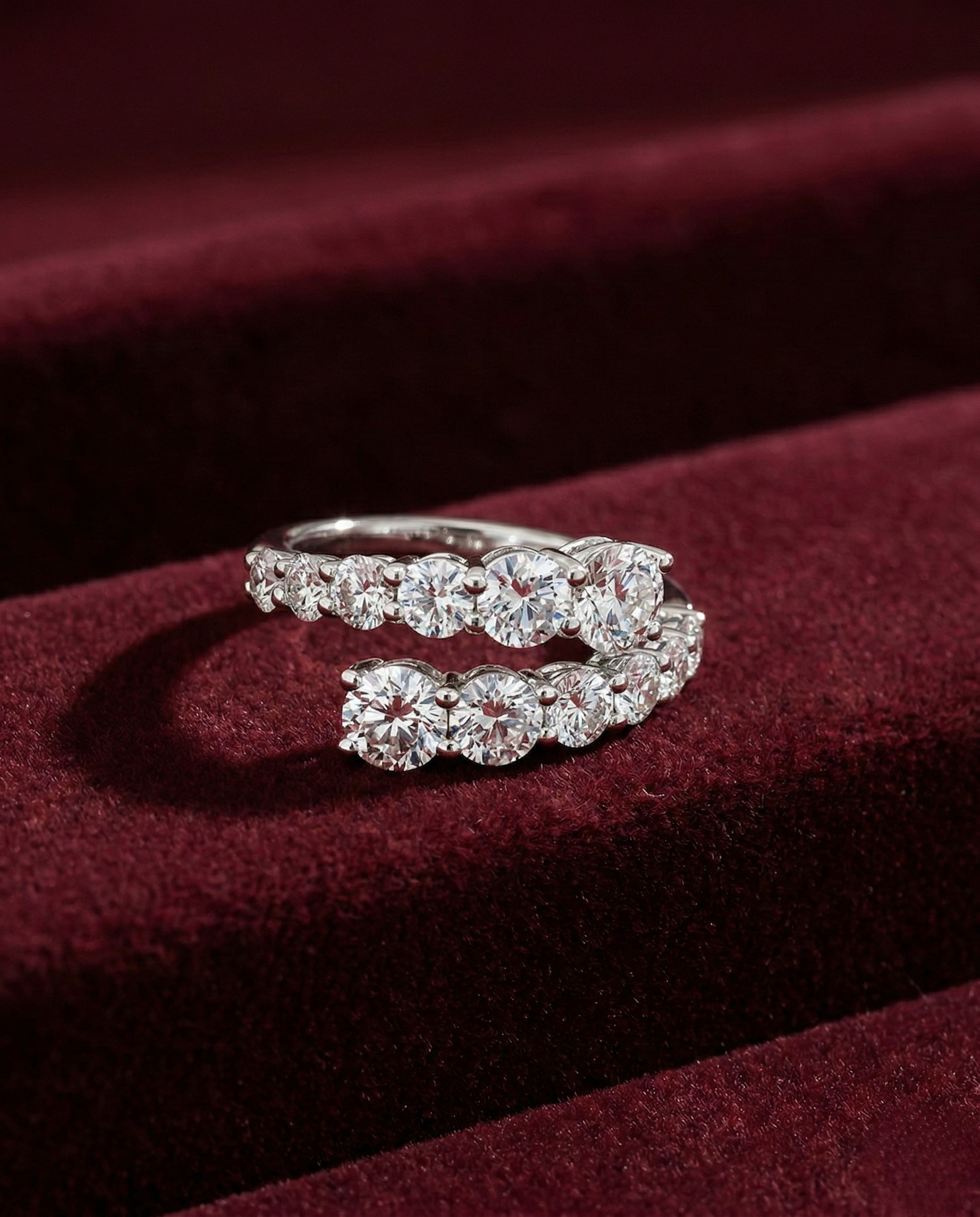 Round Lab Grown Diamond Crossover Ring, Open Wrap Diamond Ring, 2 Carat Diamond Statement Ring, Curved Diamond Ring, 14K Gold Ring
