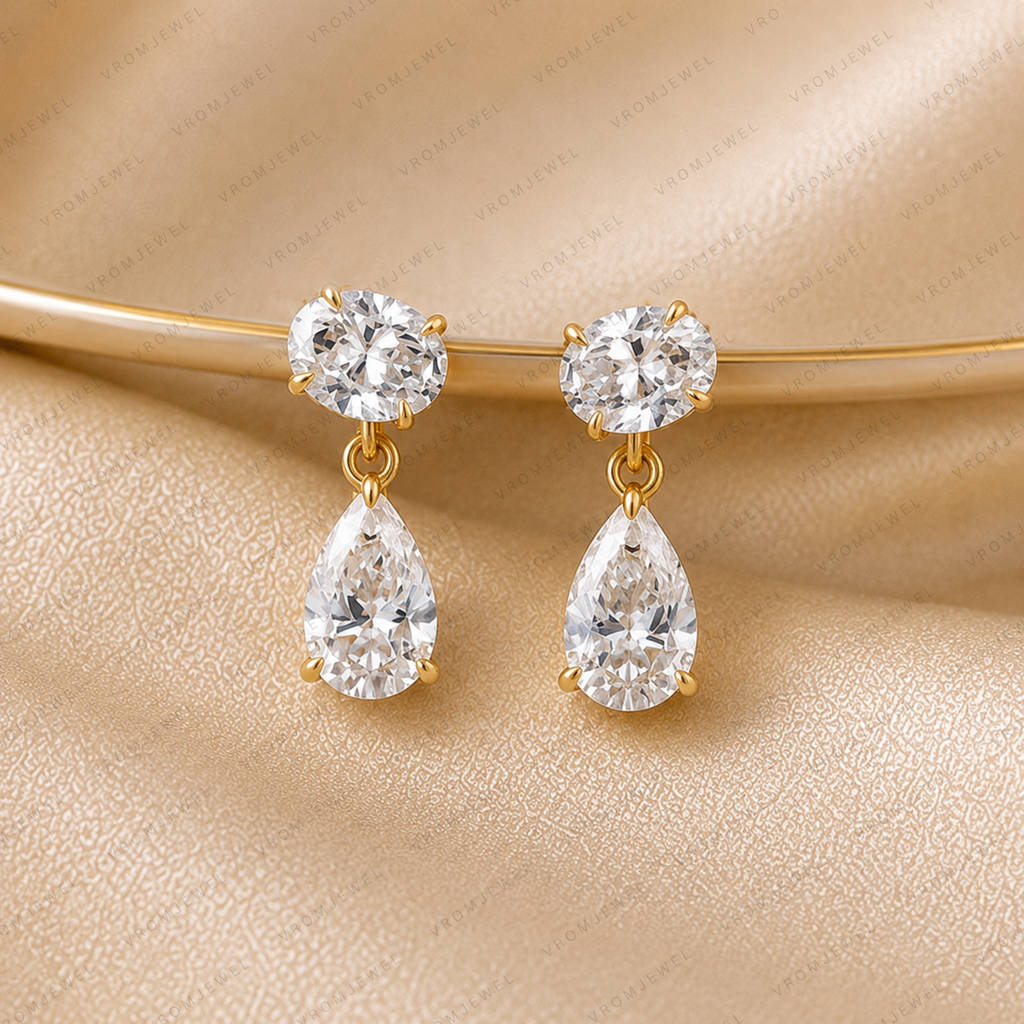 Oval & Pear Cut Lab Grown Diamond Two Stone Earrings in Solid 14K Gold