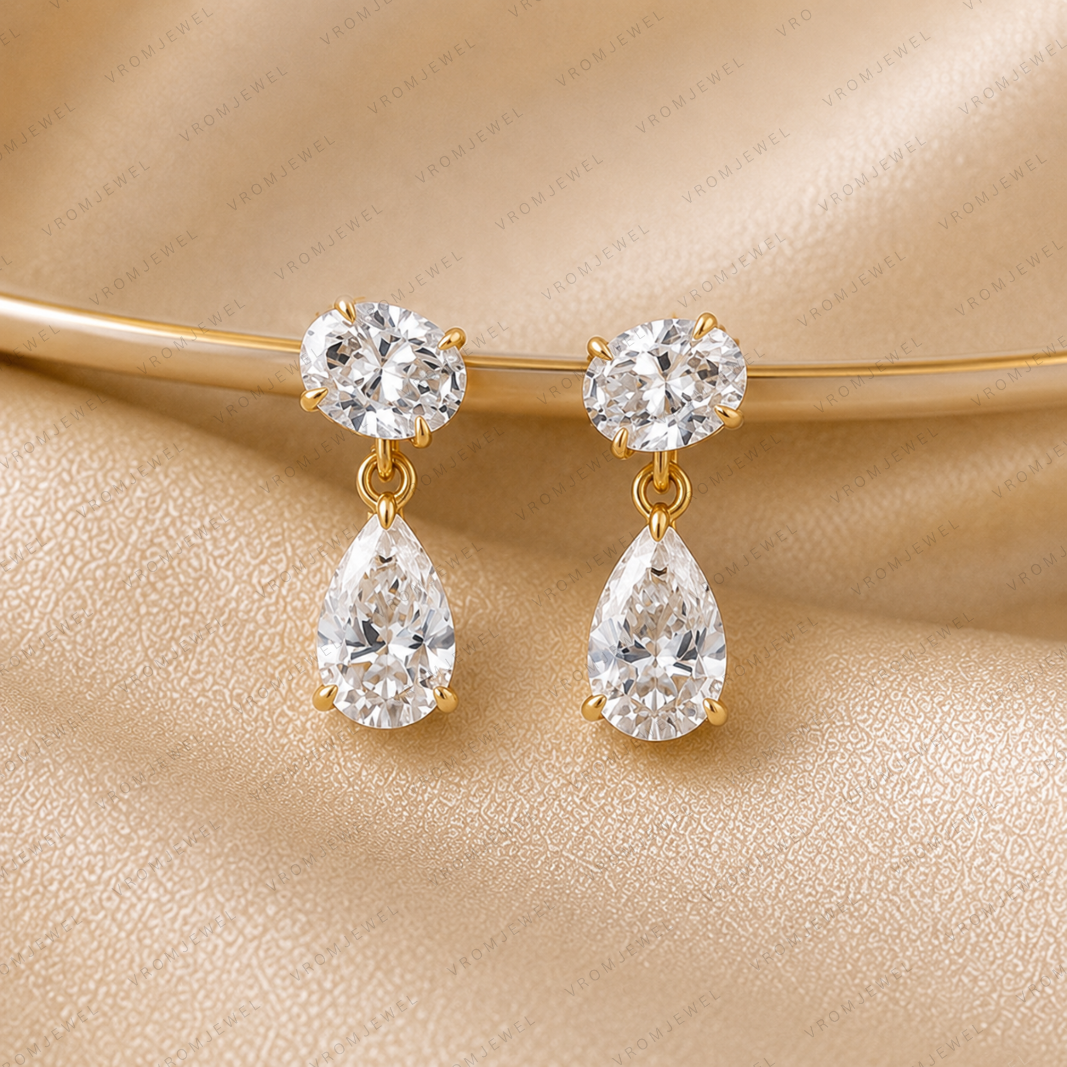 Oval & Pear Cut Lab Grown Diamond Two Stone Earrings in Solid 14K Gold