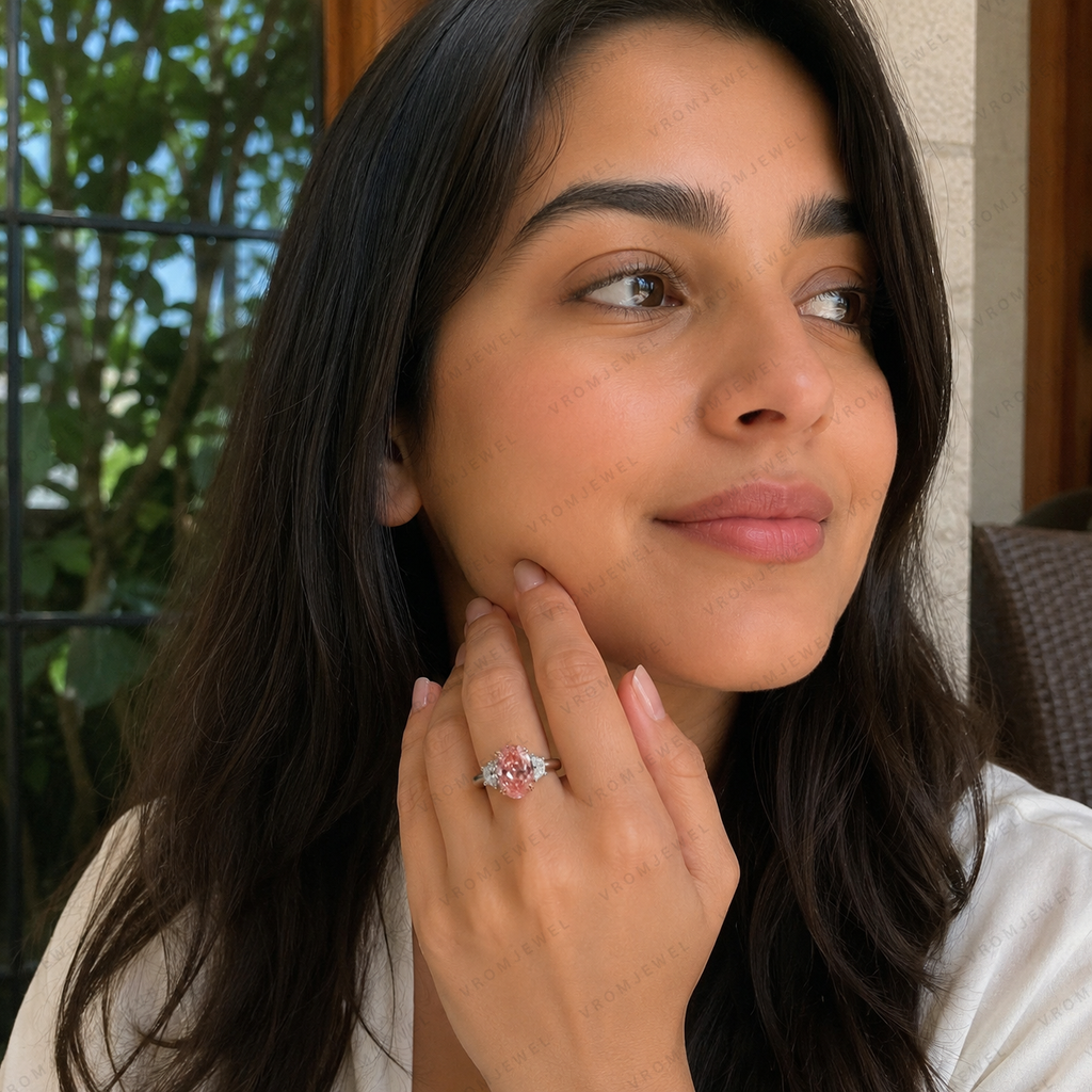 Pink Oval Lab Grown Diamond Engagement Ring, 3.00 Carat Pink Diamond Ring, Half Moon Diamond Side Stones, Three Stone Ring, 10K 14K 18K Gold