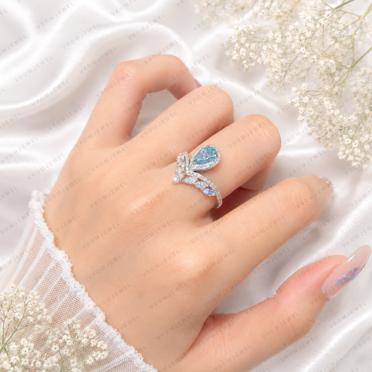 Blue Pear Shape Lab Grown Diamond Ring, 0.80 Ct Blue Diamond Engagement Ring, Marquise & Round Diamond Accents, Halo Ring, Unique BridalRing