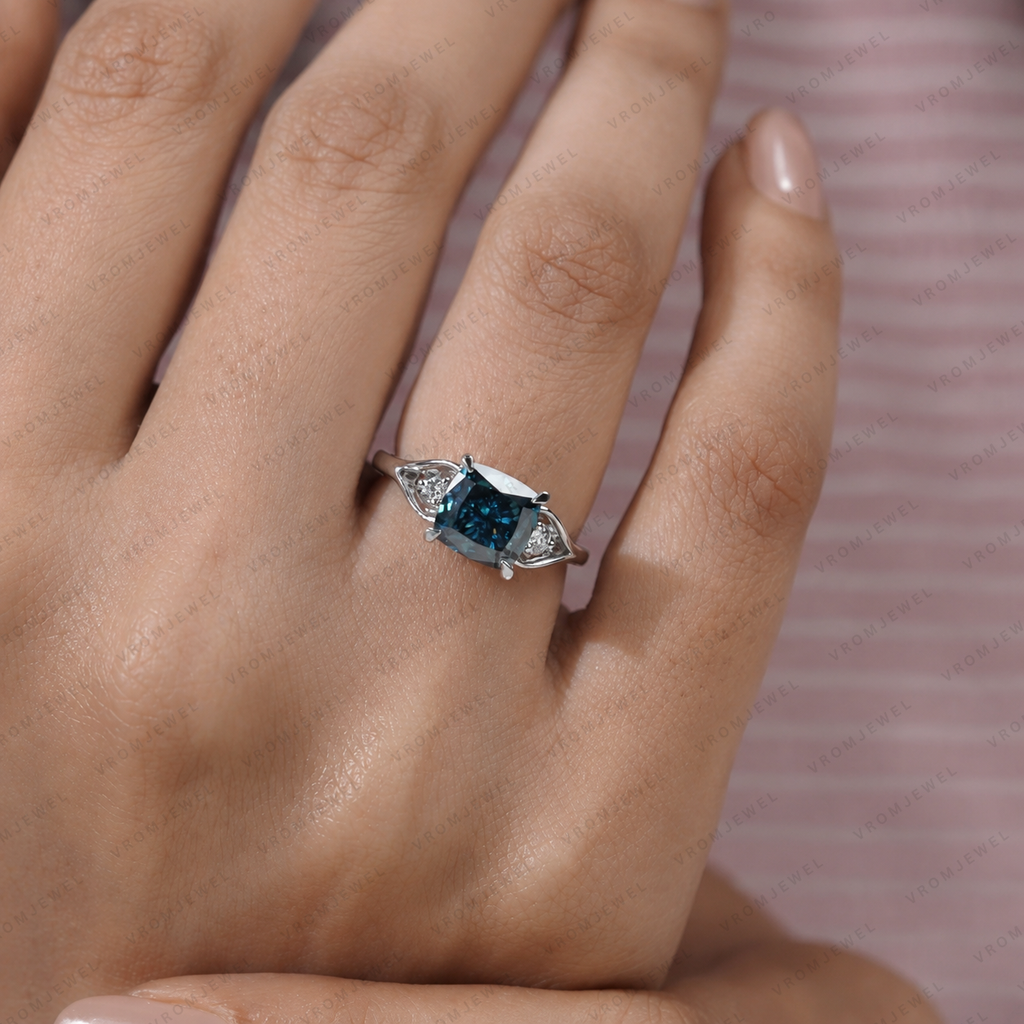 Blue Cushion Cut Lab Grown Diamond Ring, 3 Carat Blue Diamond Engagement Ring, Round Diamond Accents, Unique Statement Ring, 10K 14K 18KGold