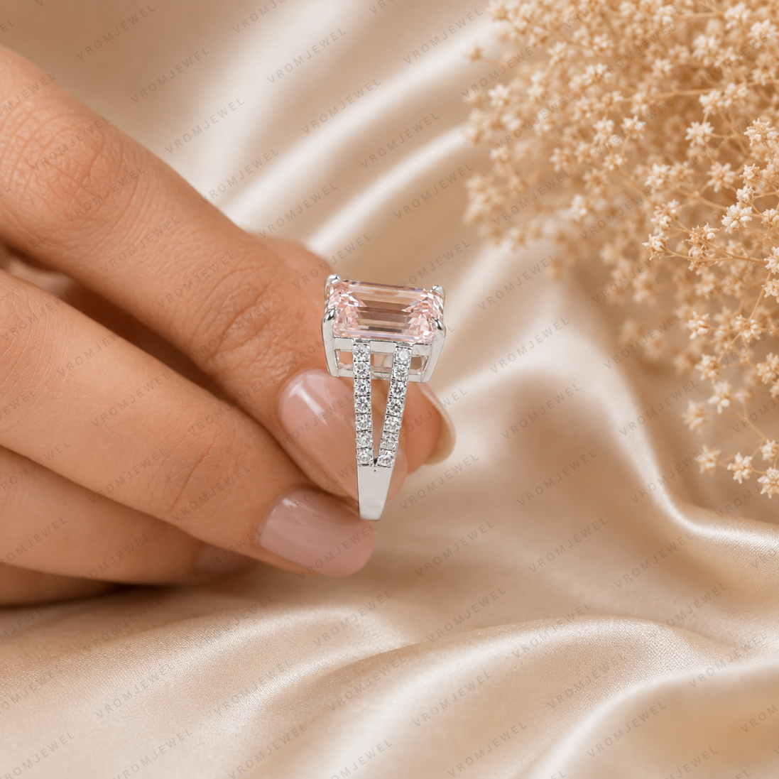 Pink Emerald Cut Lab Grown Diamond Engagement Ring, Split Shank Diamond Ring, Pink Diamond Ring, Pavé Setting, 10K 14K 18K Gold