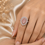 Pink Pear Shape Lab Grown Diamond Engagement Ring, Floral Halo Diamond Ring, Pink Diamond Ring, Pavé Band, 10K 14K 18K Gold