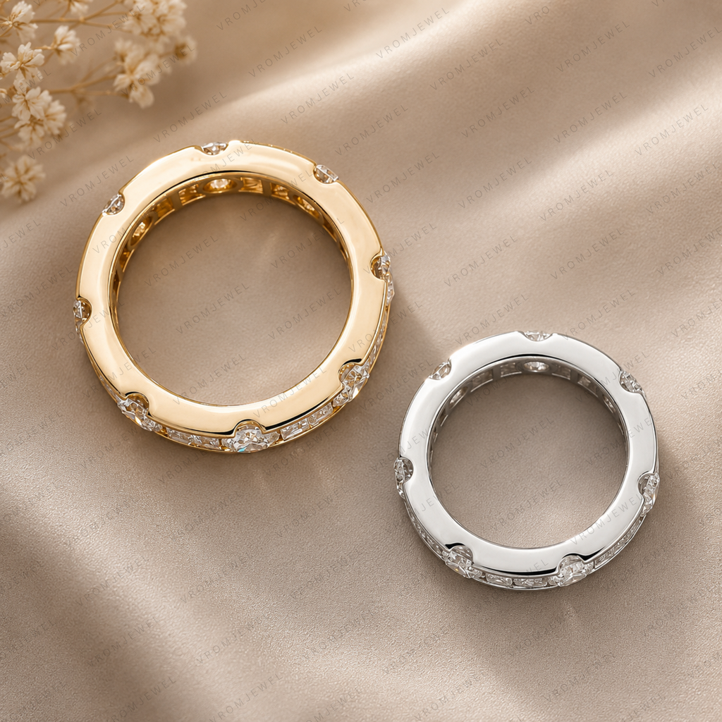 Lab Grown Diamond Eternity Band: 14K Gold Alternating Round & Baguette Anniversary Ring