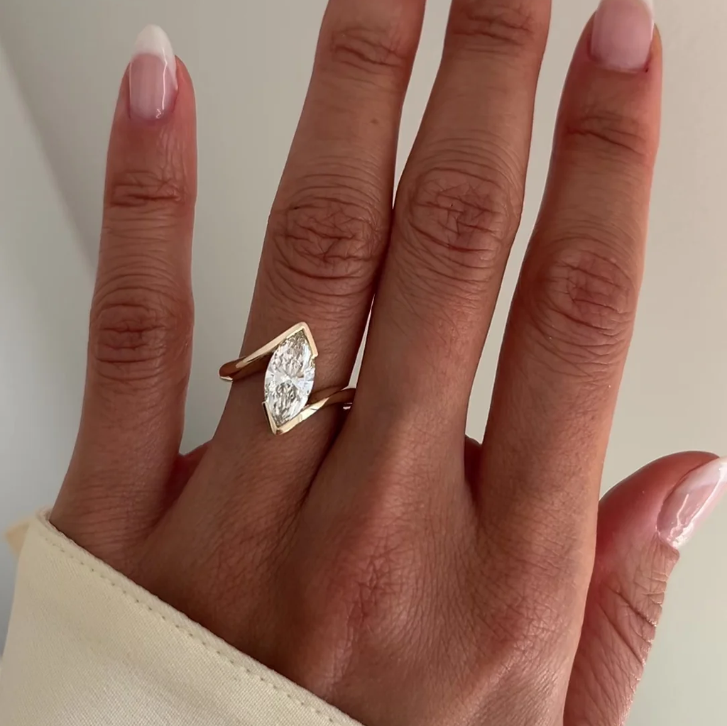 Modern Marquise Cut Bezel Bypass Ring | Lab Grown Diamond | 14K Yellow Gold