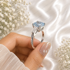 Blue Cushion Cut Lab Grown Diamond Ring, 3 Carat Blue Diamond Engagement Ring, Baguette Side Stones, Statement Ring, Pavé Band, 10K 14K 18K