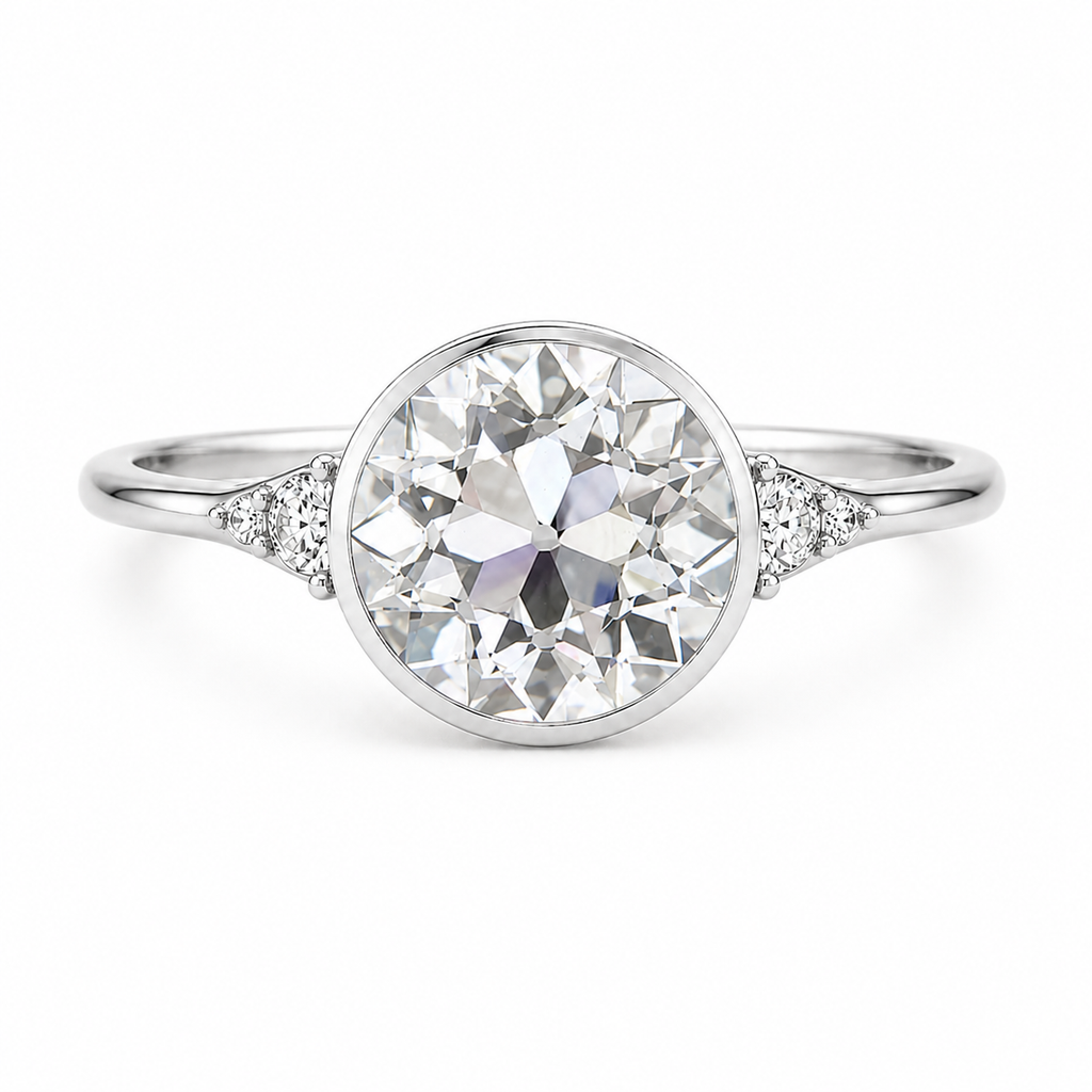 Old European Cut Lab Grown Diamond Ring | 2 CT | Vintage Style with Side Accents | Bezel Engagement Ring | 14K Gold