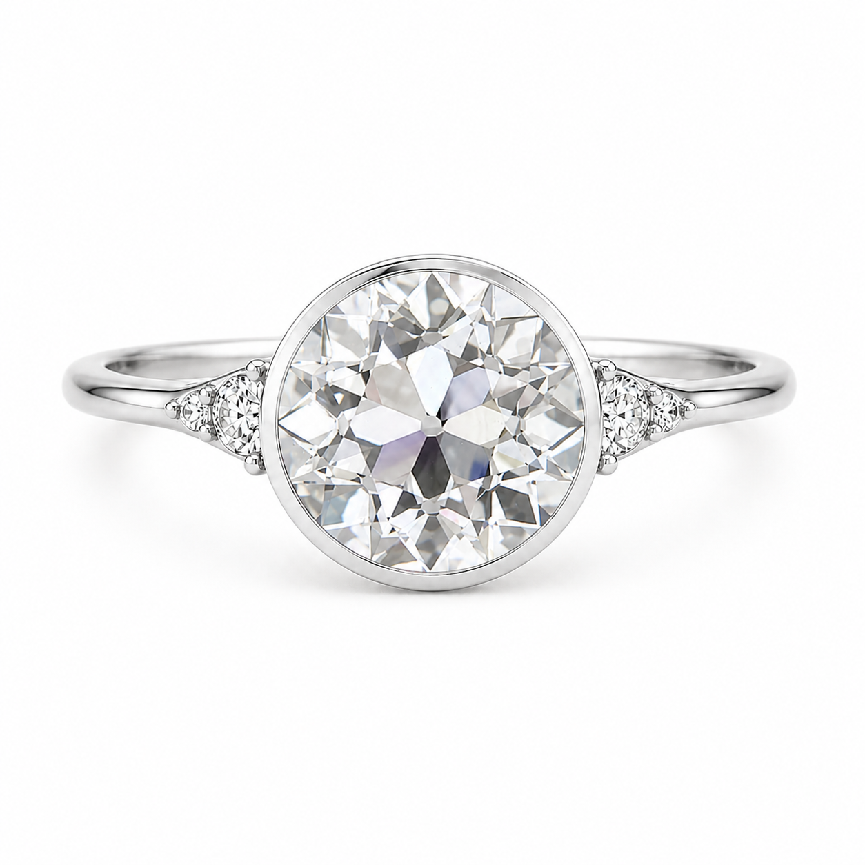 Old European Cut Lab Grown Diamond Ring | 2 CT | Vintage Style with Side Accents | Bezel Engagement Ring | 14K Gold